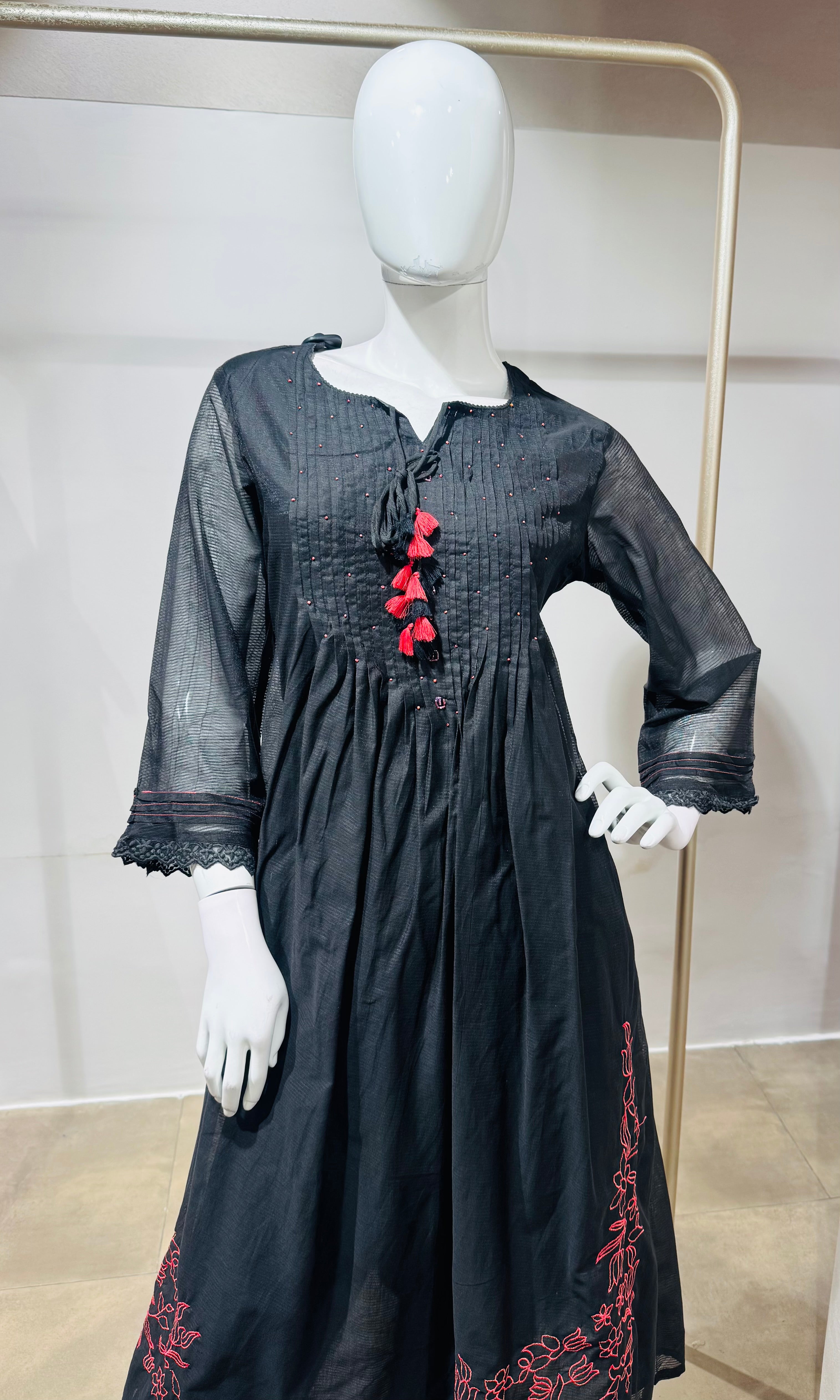 Black Pleated Kurti Set with Red Tassels
