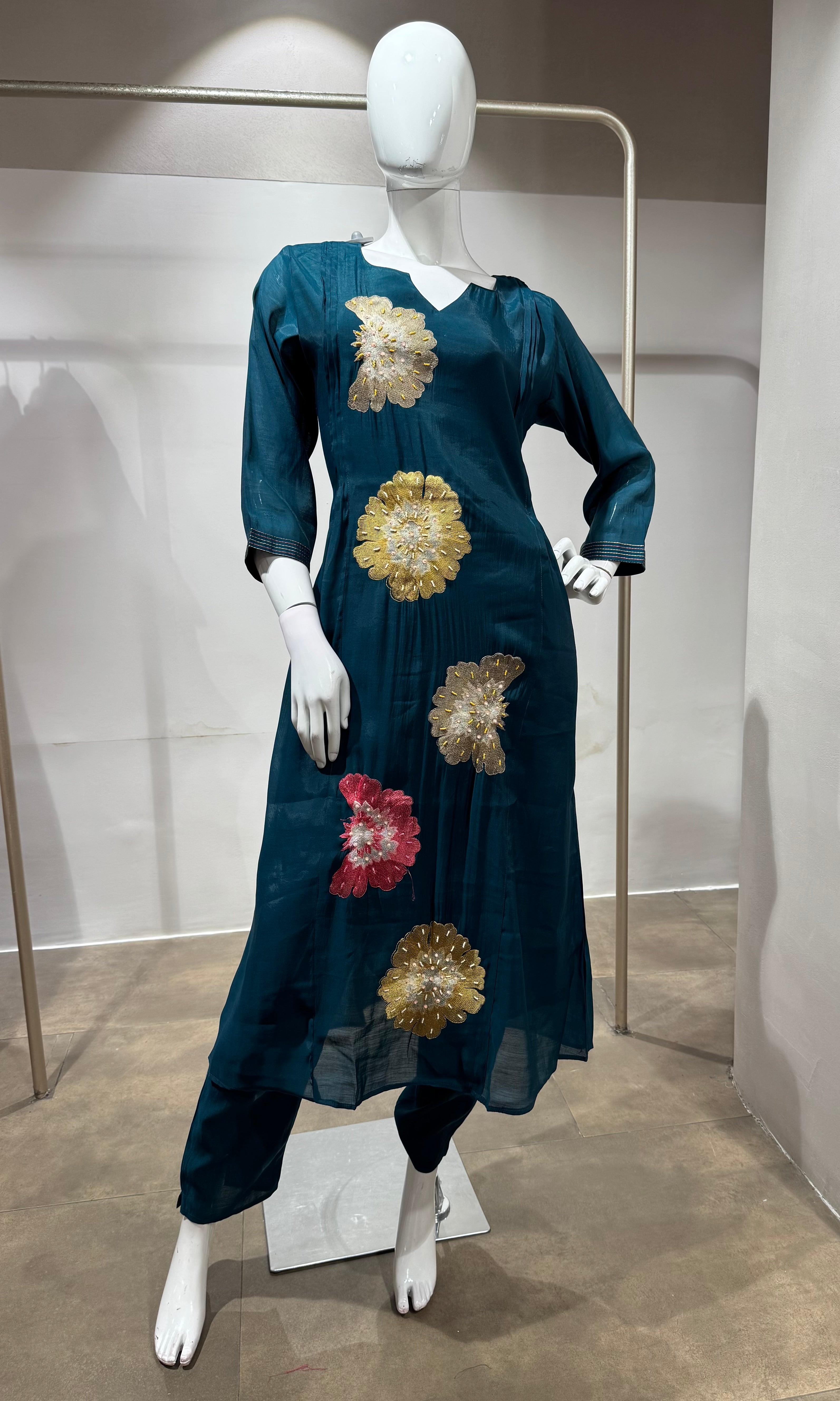 Teal Blue floral printed kurta set
