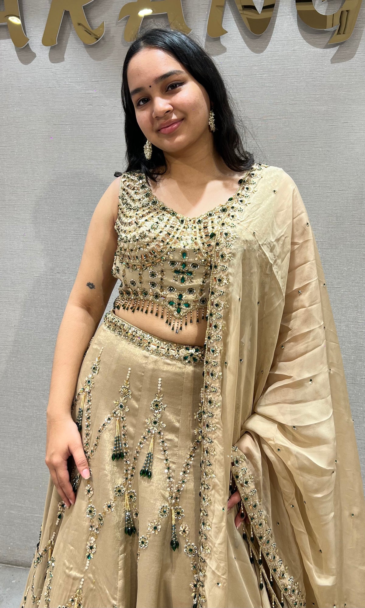 Beige Gold Georgette Embellished Lehenga Choli Set