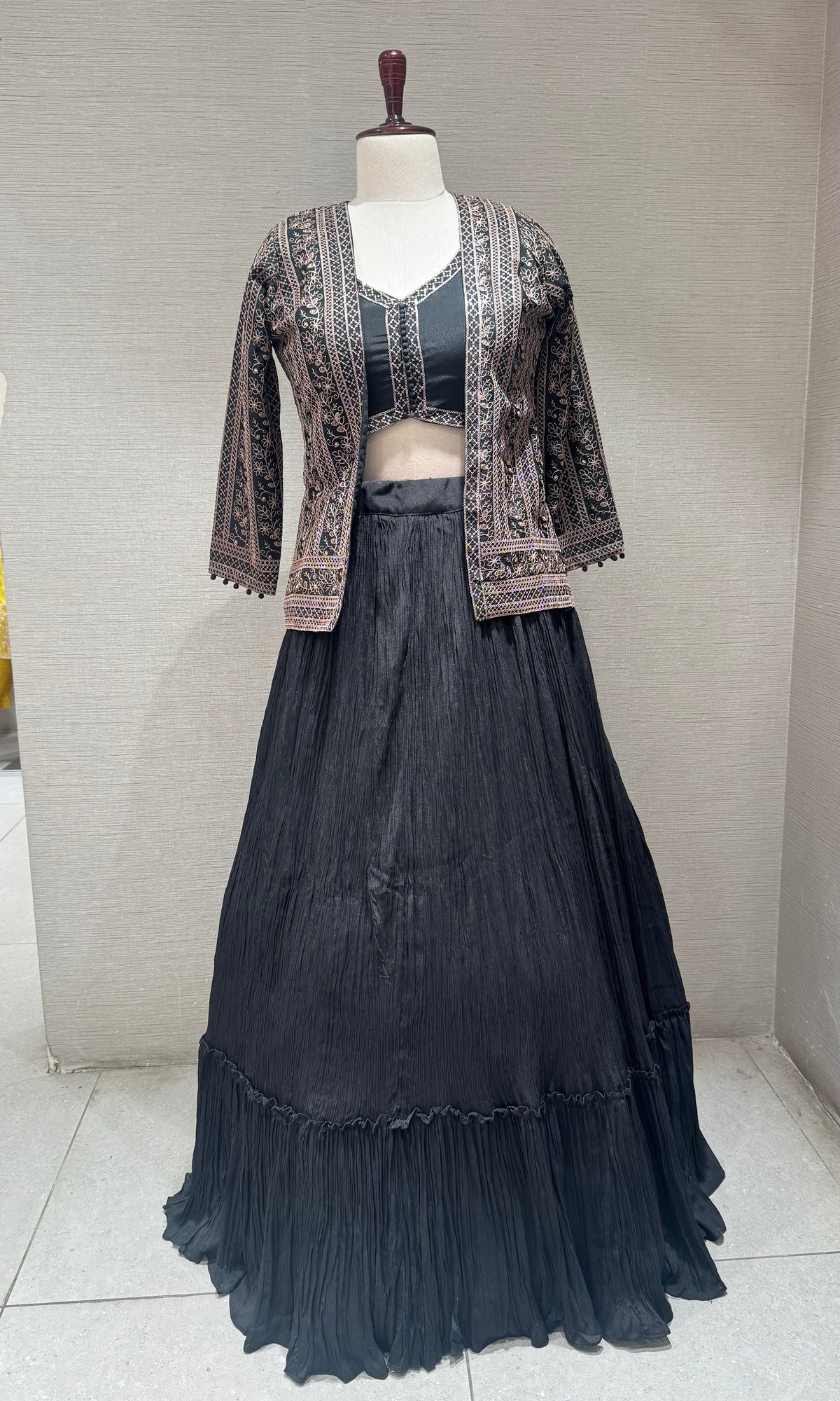Black Embroidered Crop Top Lehenga Set with Maxi Shrug
