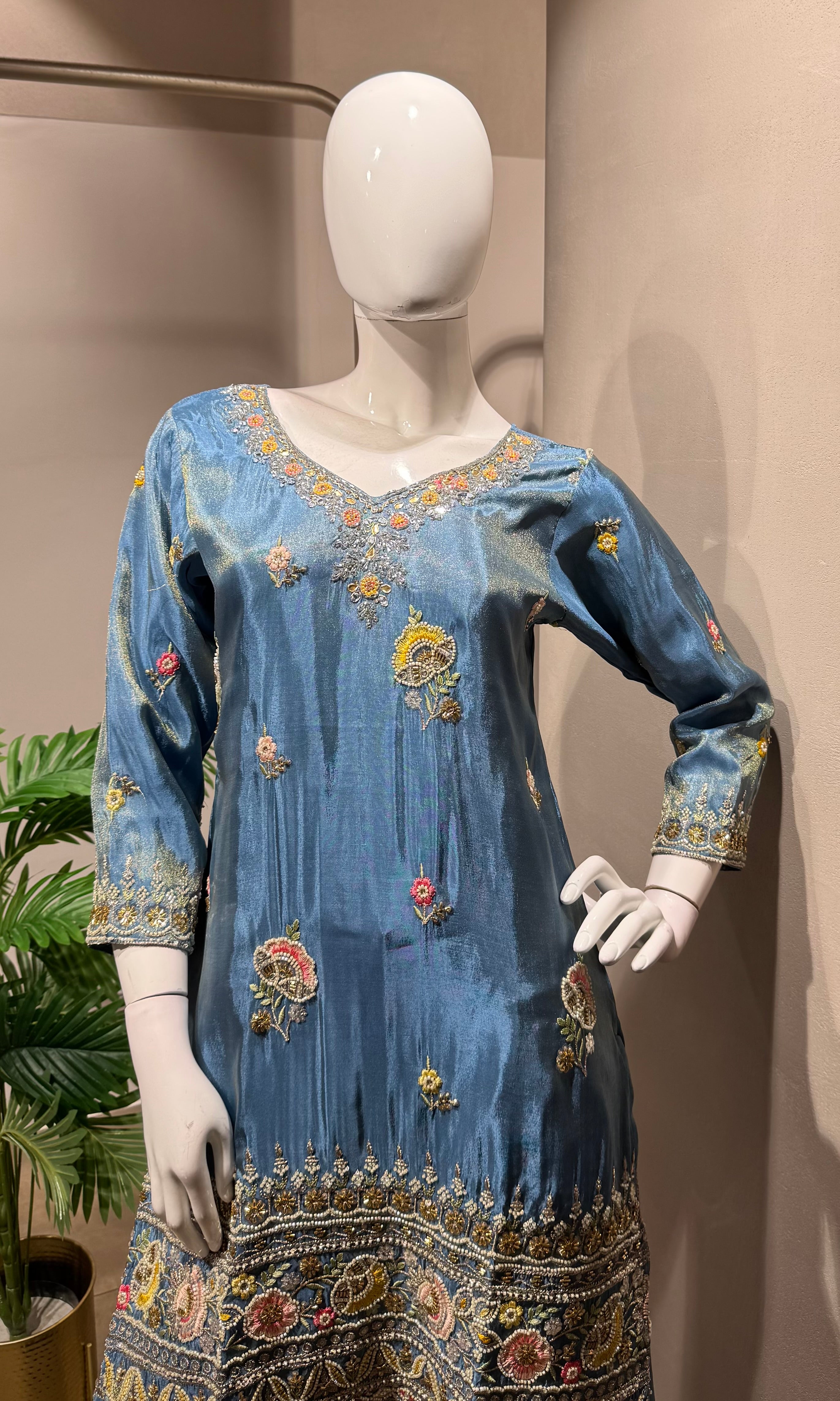 blue shimmer tissue palazzo set