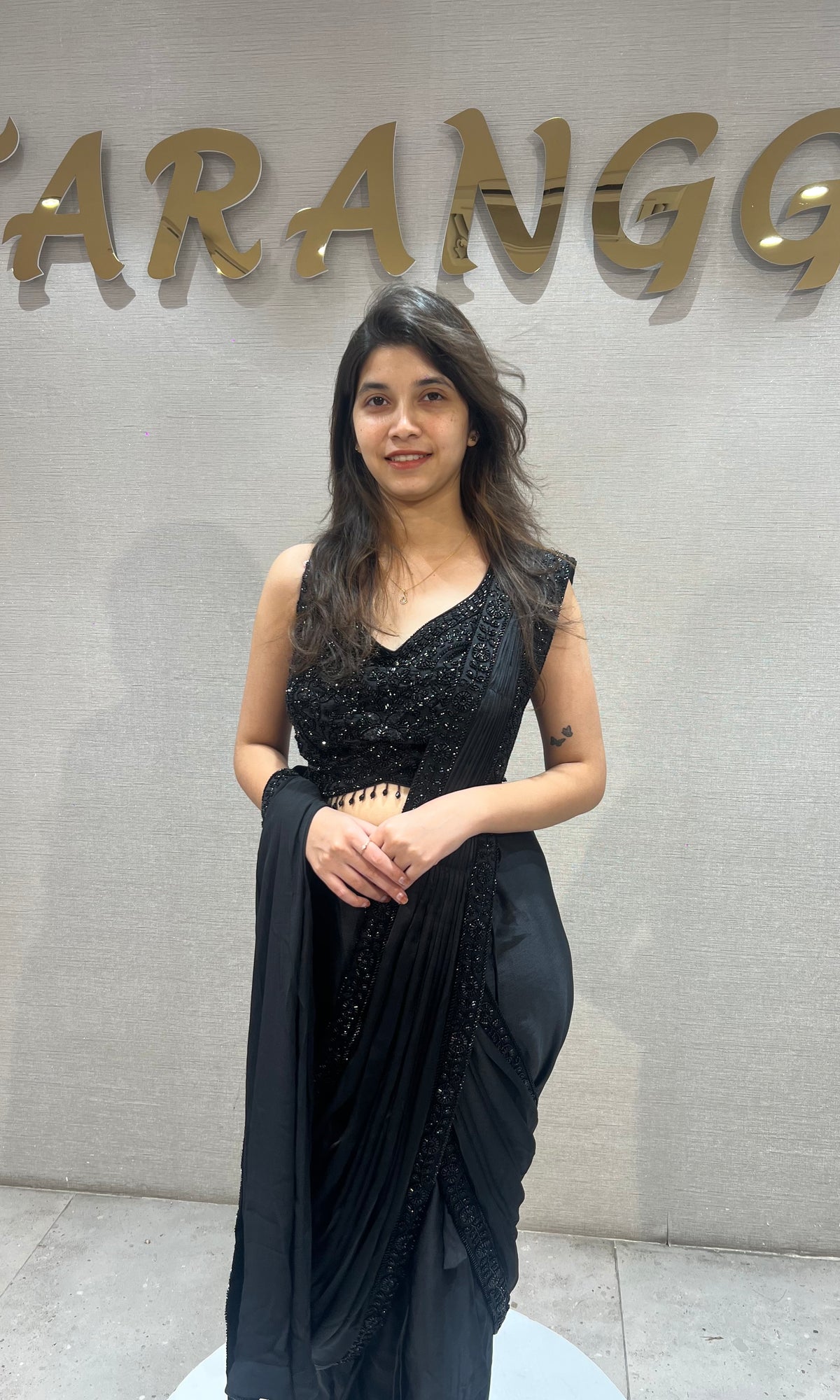 Black satin Embellished Draped Saree with Ethnic Blouse
