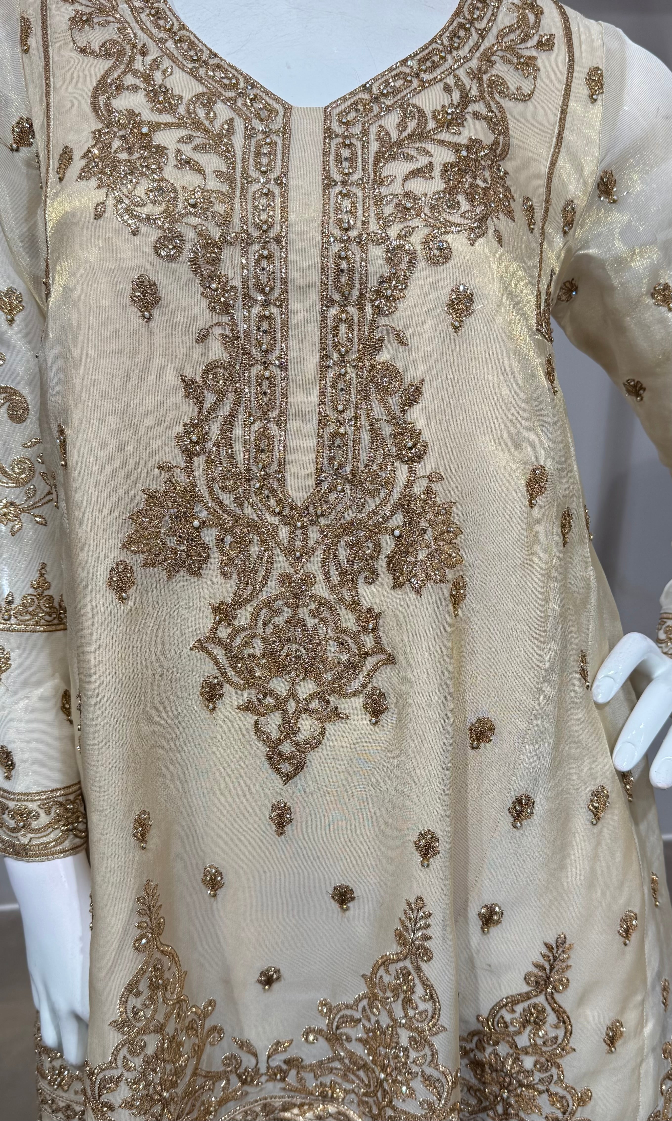 gold tissue suit with golden embroidery & straight pants