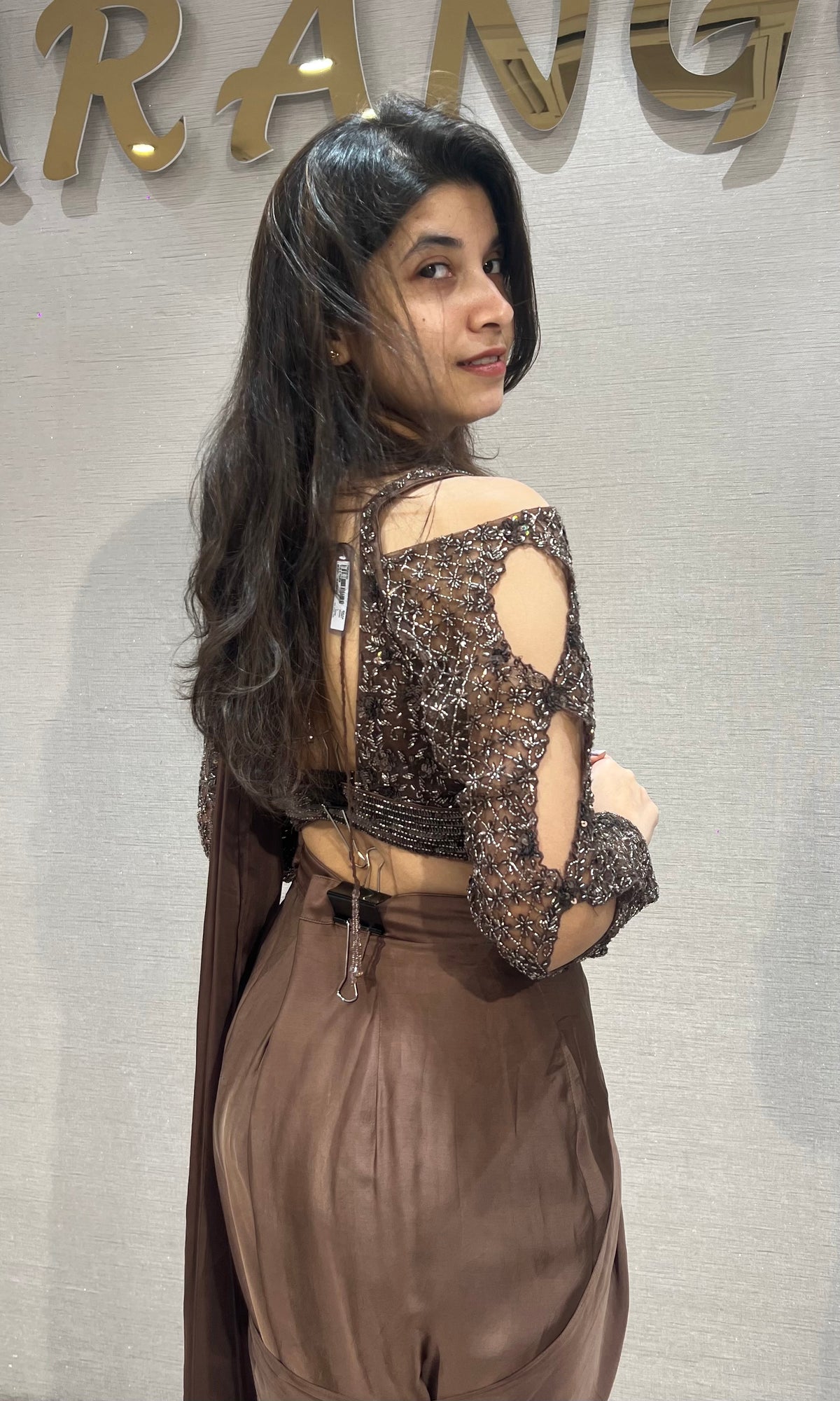 Chocolate Brown Draped Satin Saree Set