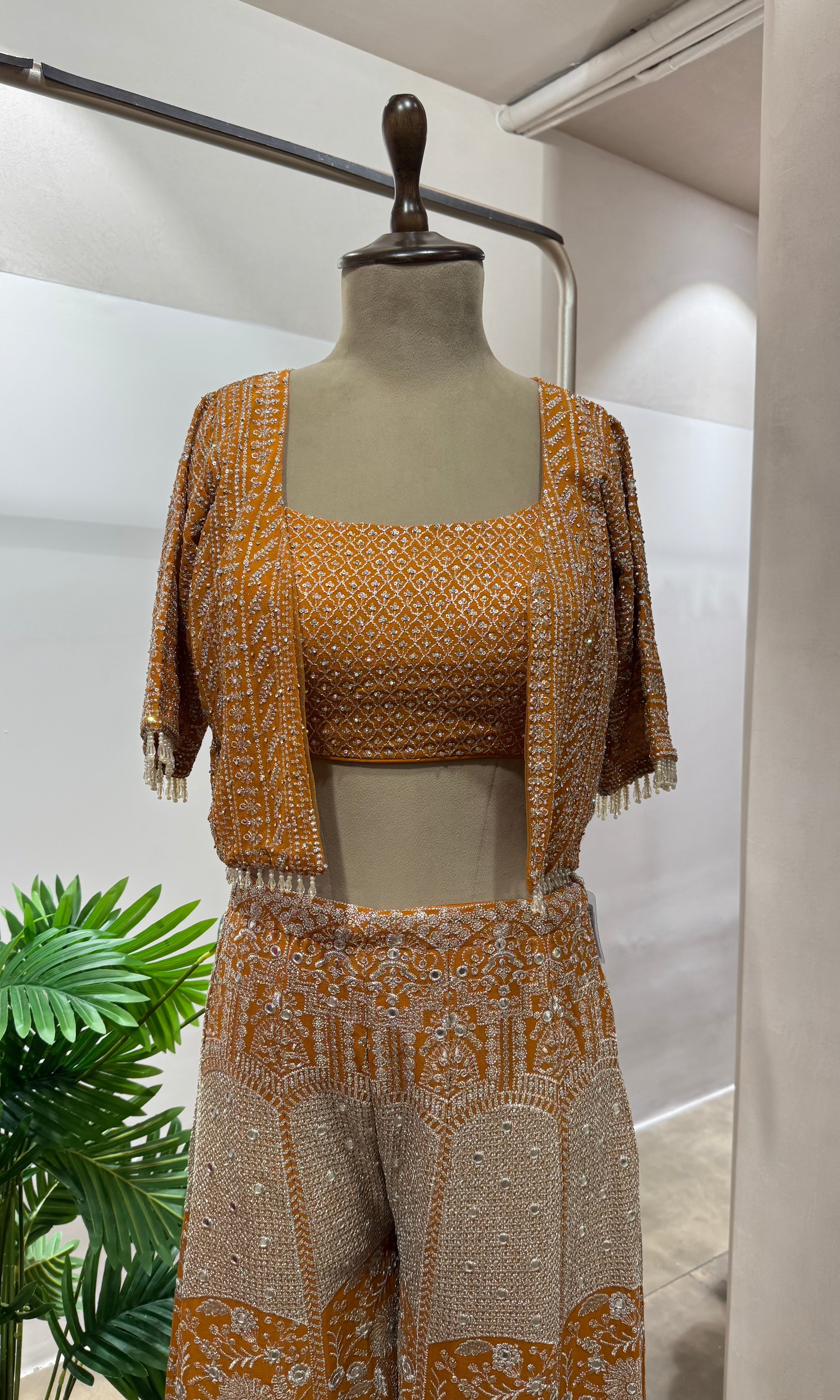 Rust EMBELLISHED PALAZZO SET WITH JACKET