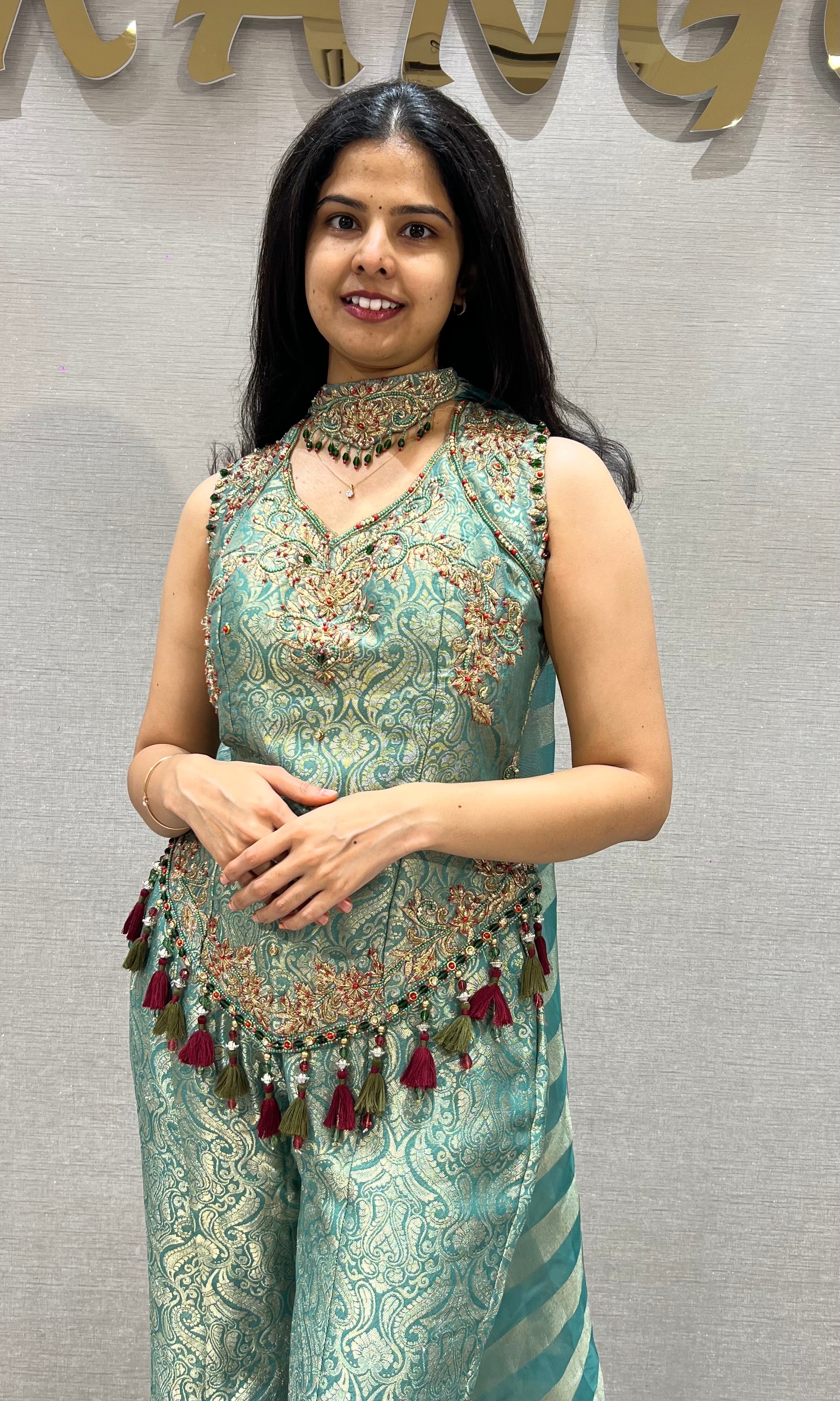 Green Gold Floral Banarasi Silk Brocade Peplum palazzo set