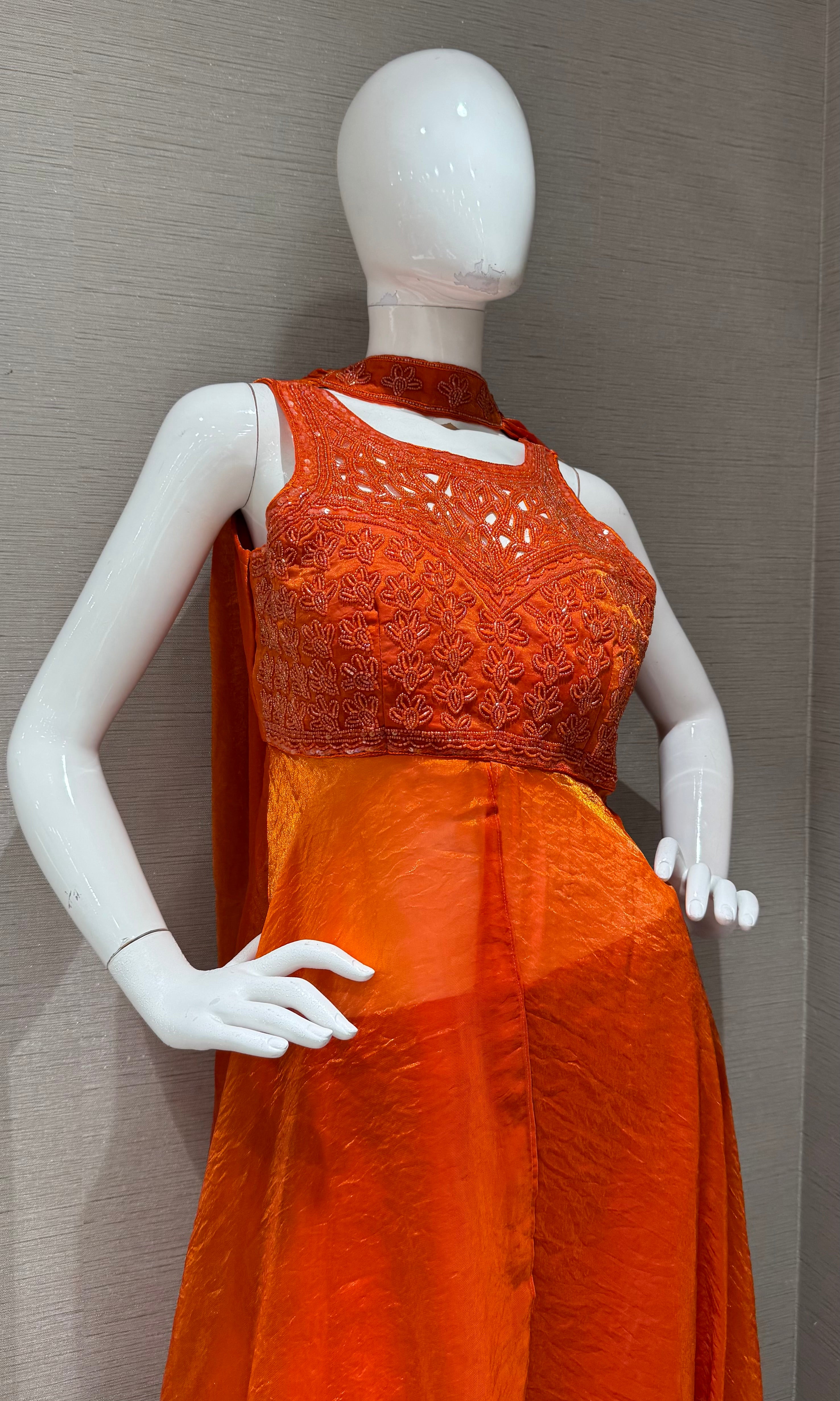Rust Embroidered front slit anarkali with palazzo pants