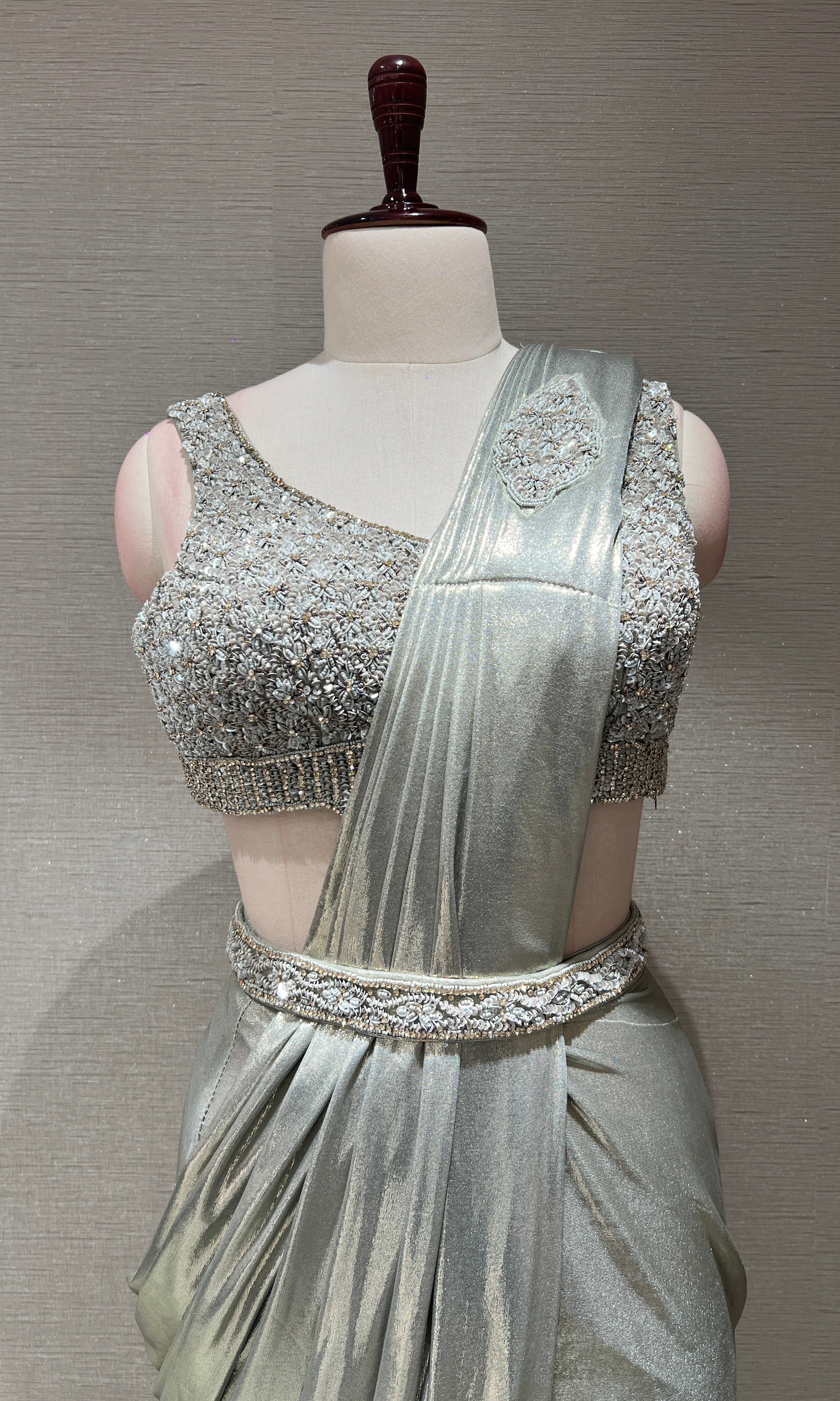 grey draped saree with sequin corset blouse
