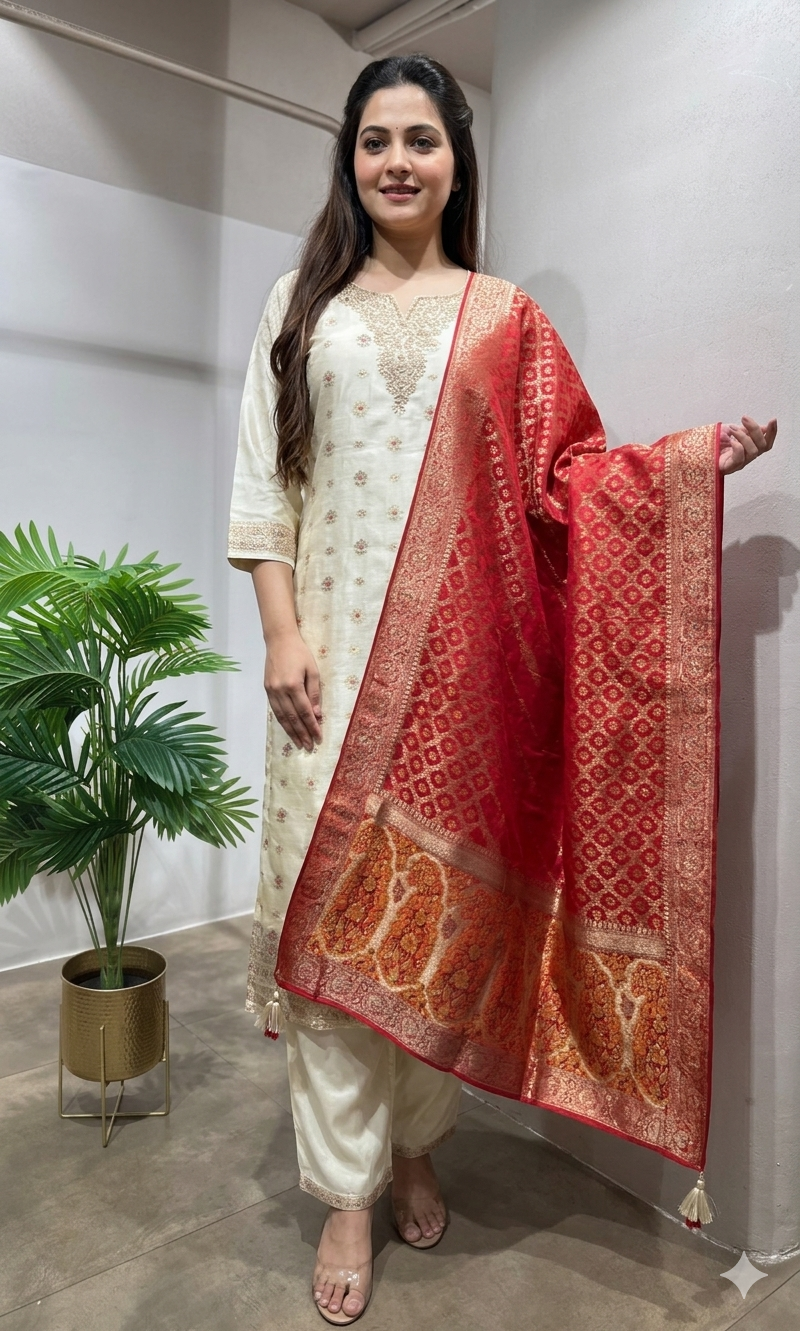 HALF White Tissue Silk Embroidered & Dupatta