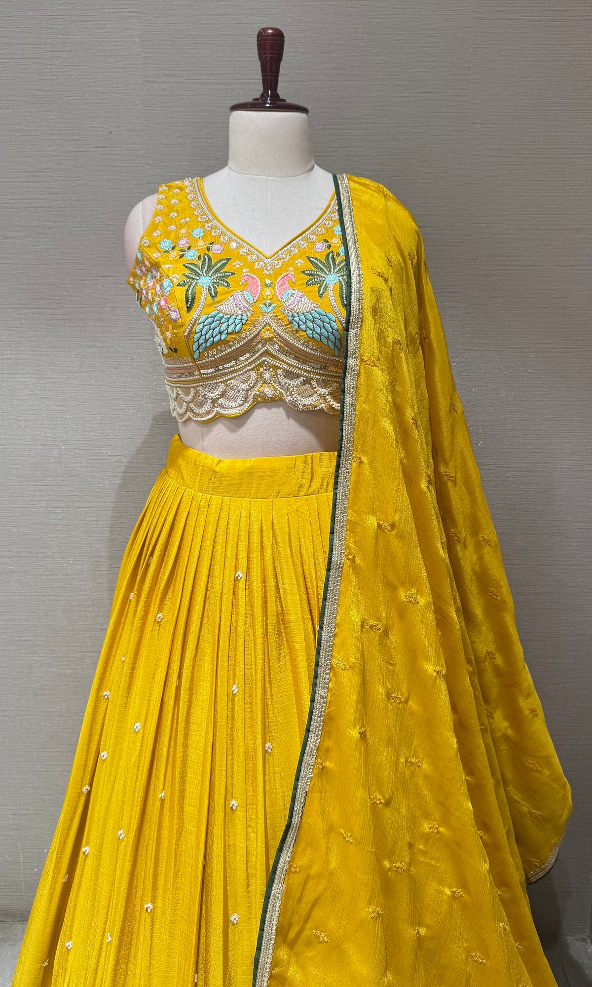 Yellow Tissue silk Lehenga with Peacock & Floral Embroidery