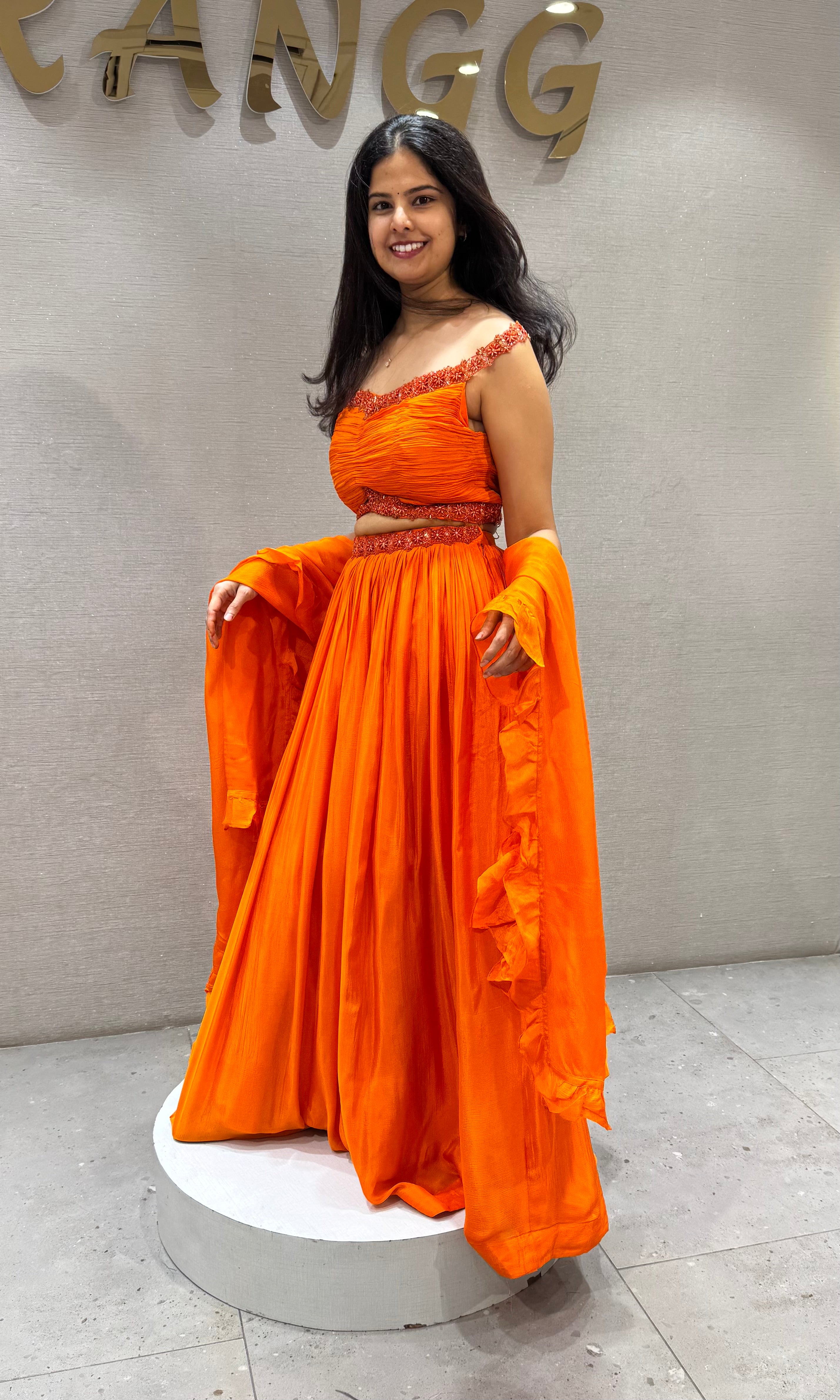 Orange cotton Embellished Crop Top Lehenga