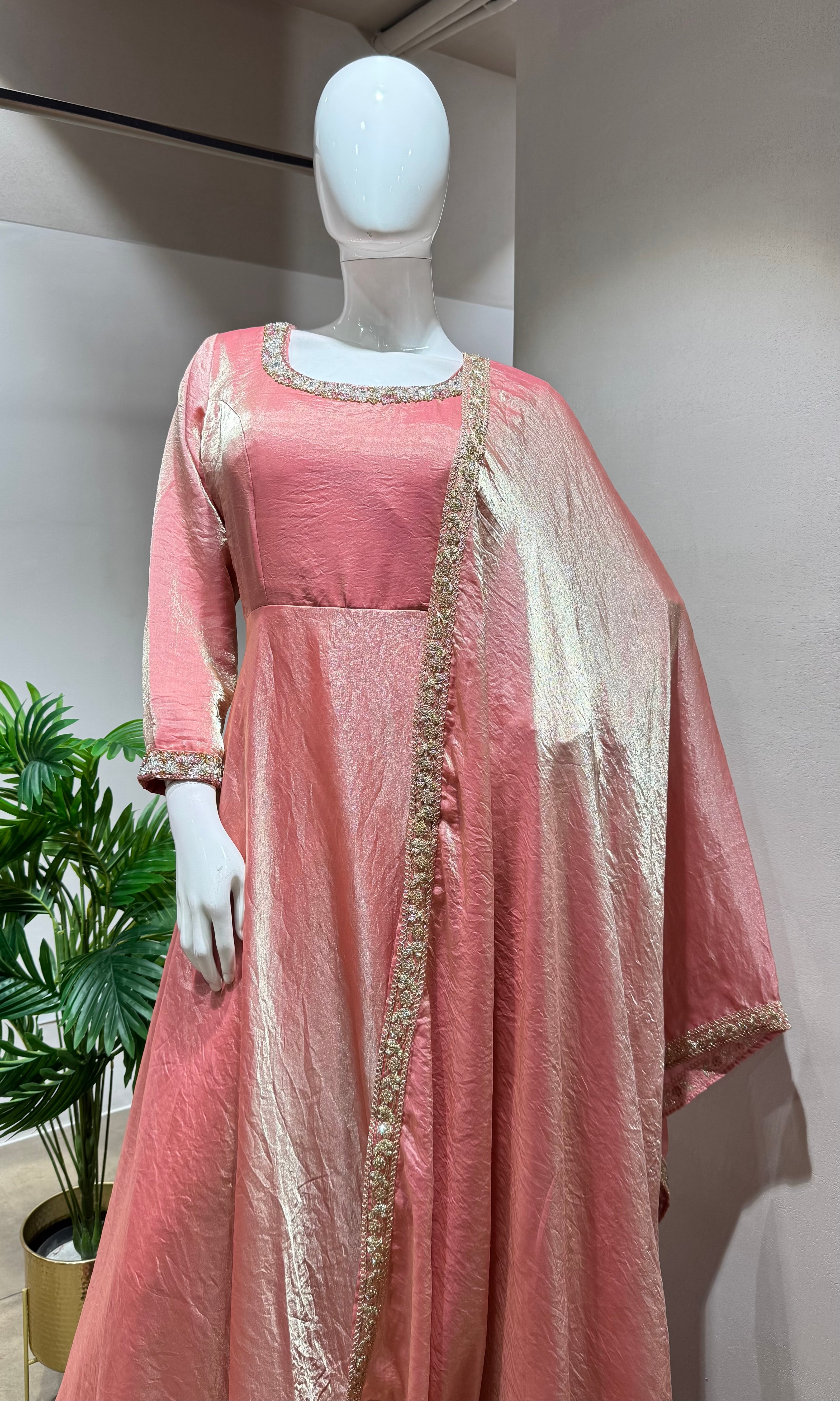 BABY PINK TISSUE CRYSTAL WORK ANARKALI