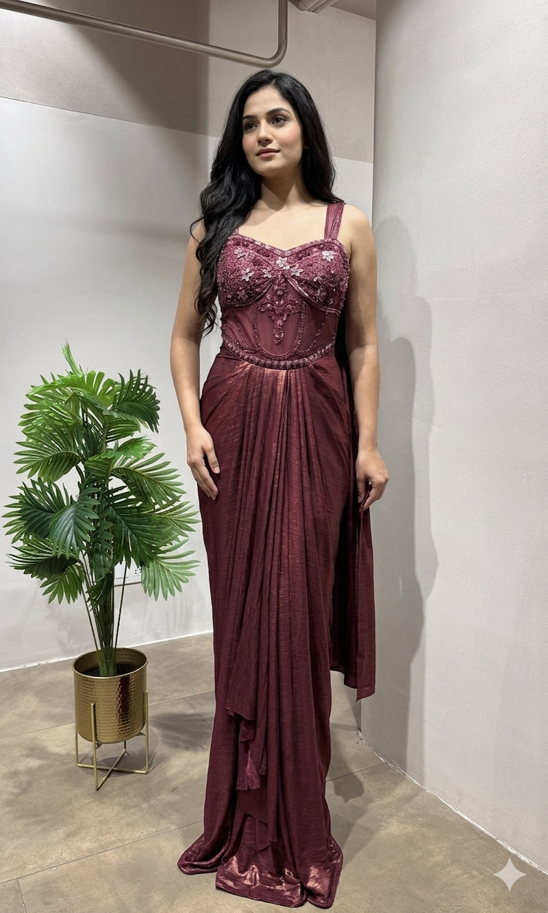 Maroon Draped Saree Embellished Gown
