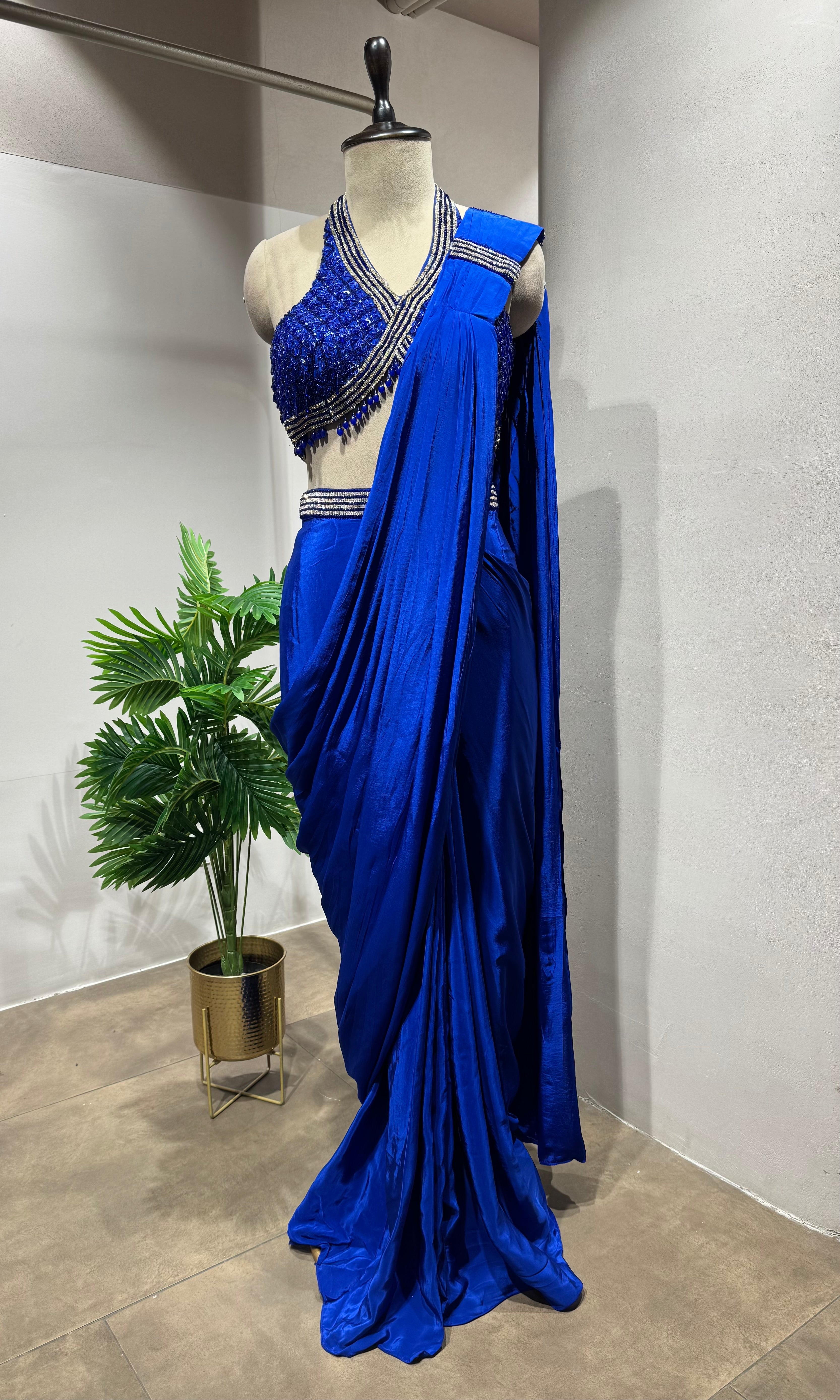 Blue Draped Saree with Sequin Embroidered Blouse