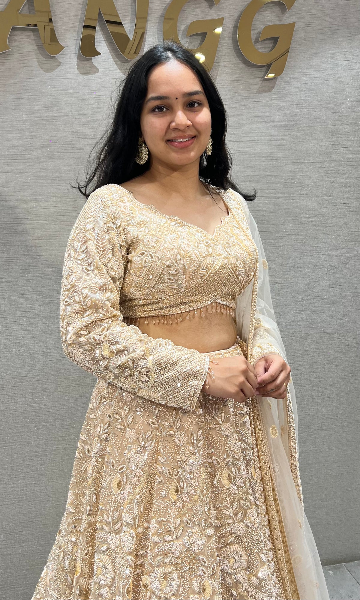 Champagne Cream Embellished Lehenga set with Sheer Dupatta