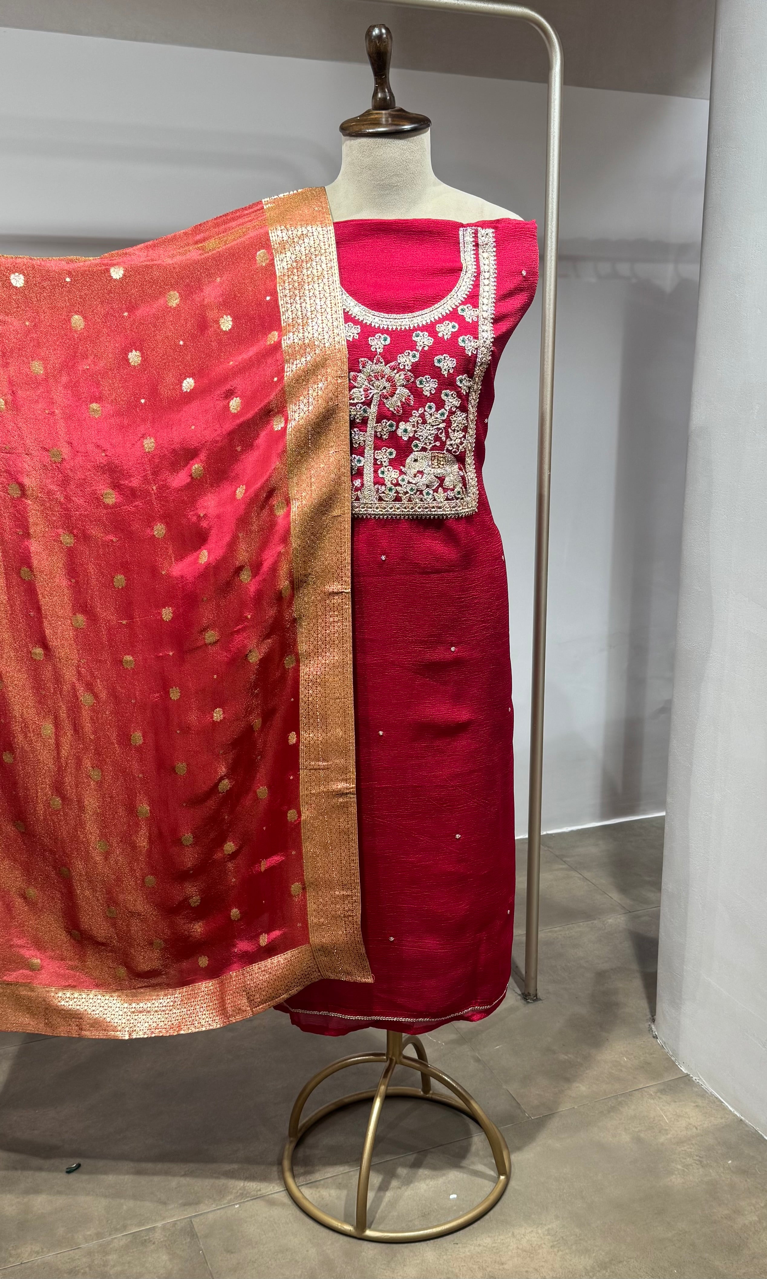 Red ETHINC DRESS MATERIAL WITH BANARASI DUPATTA