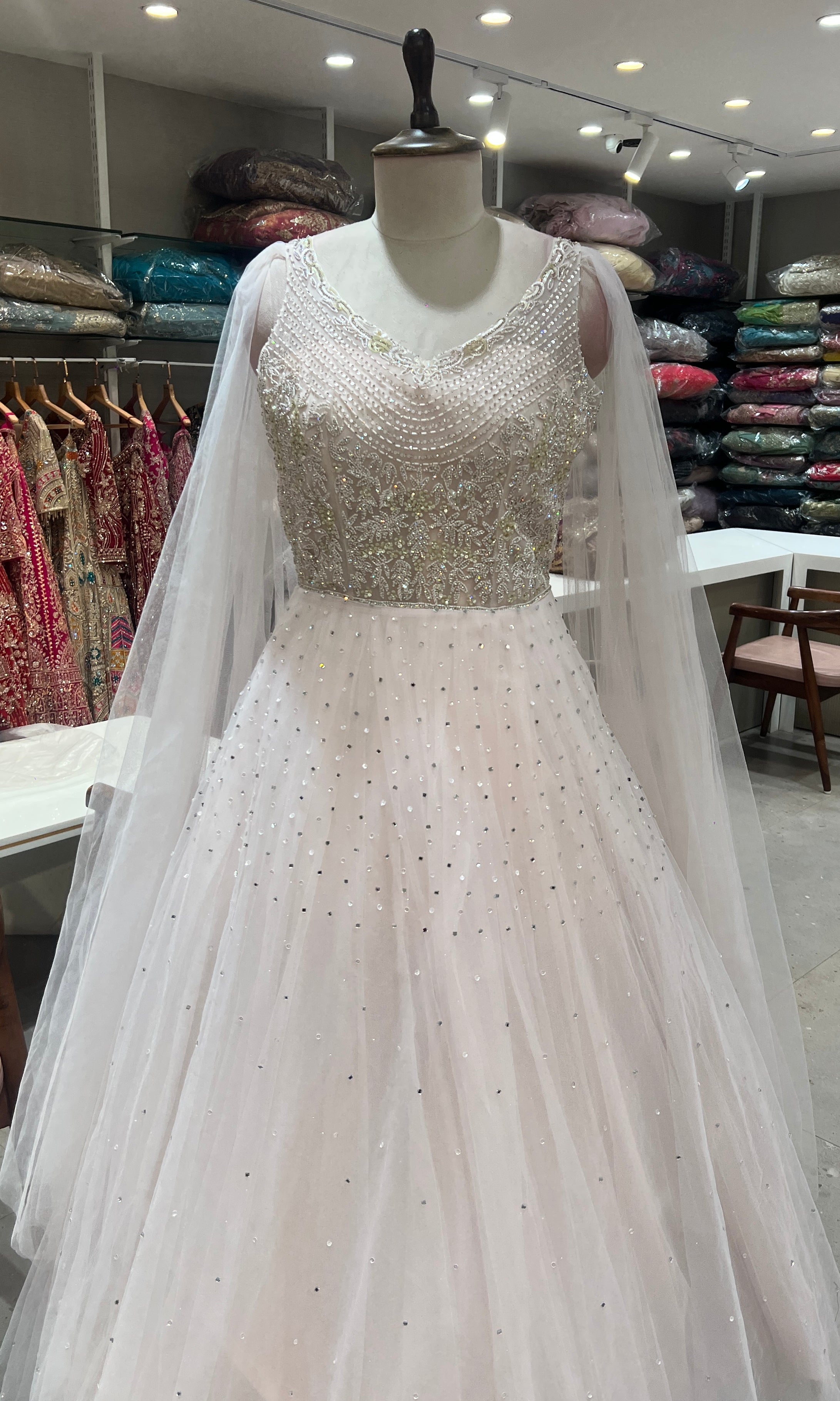 Baby pink Crystal Gown with Embroidered Yoke