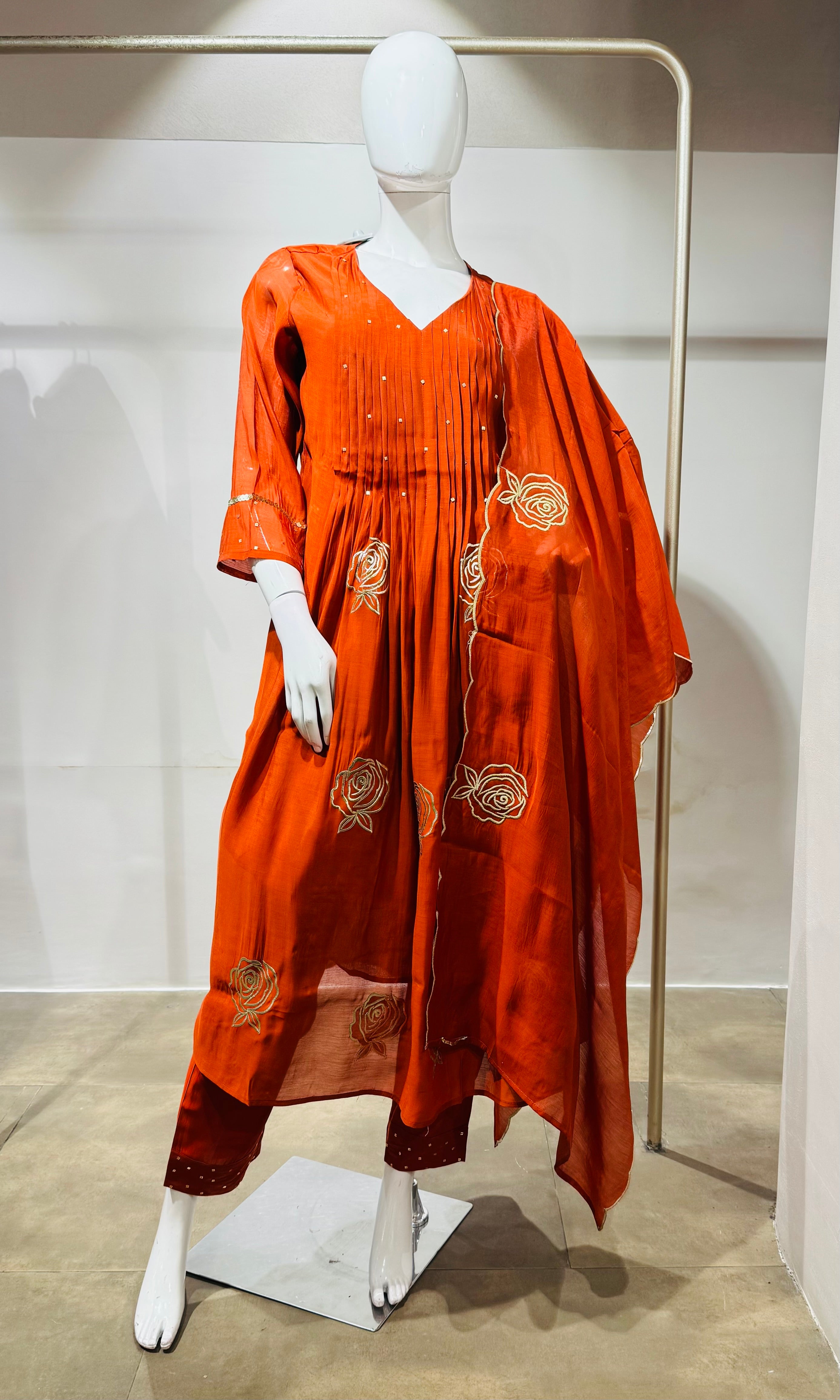 Rust golden floral mul chanderi kurta set