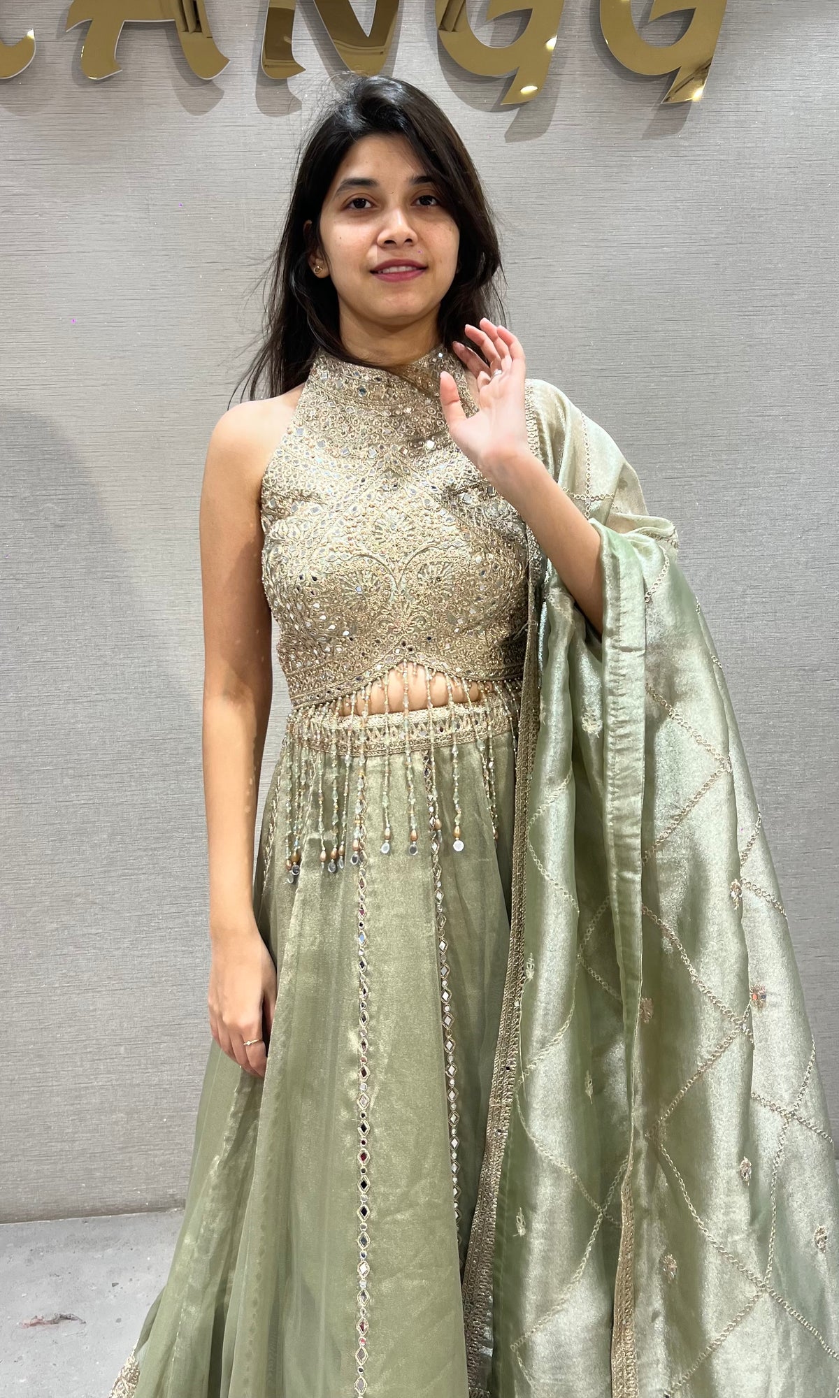 Mint Crush tissue silk Sequined Halter Lehenga set