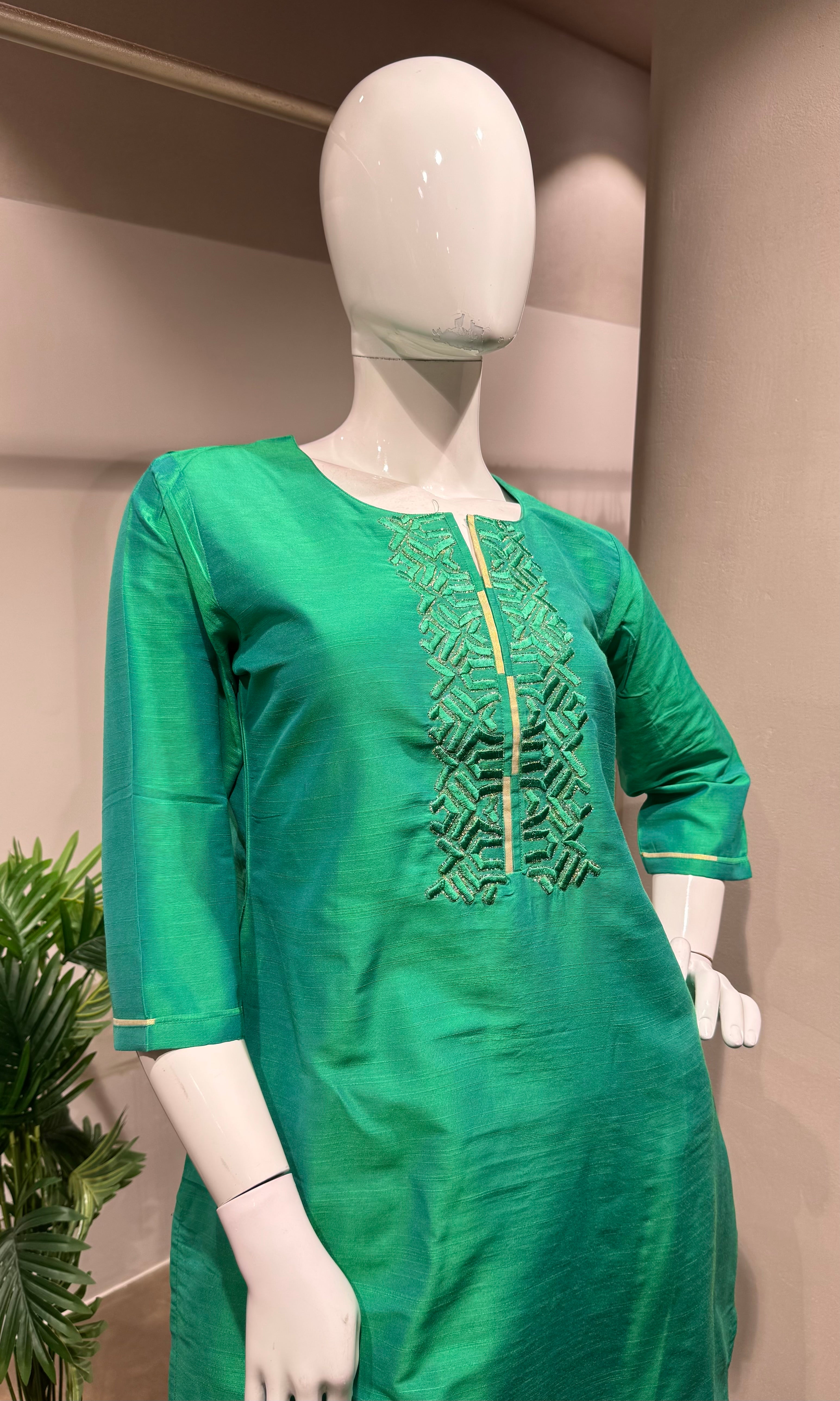 Green Embroidered Silk Straight kurta set