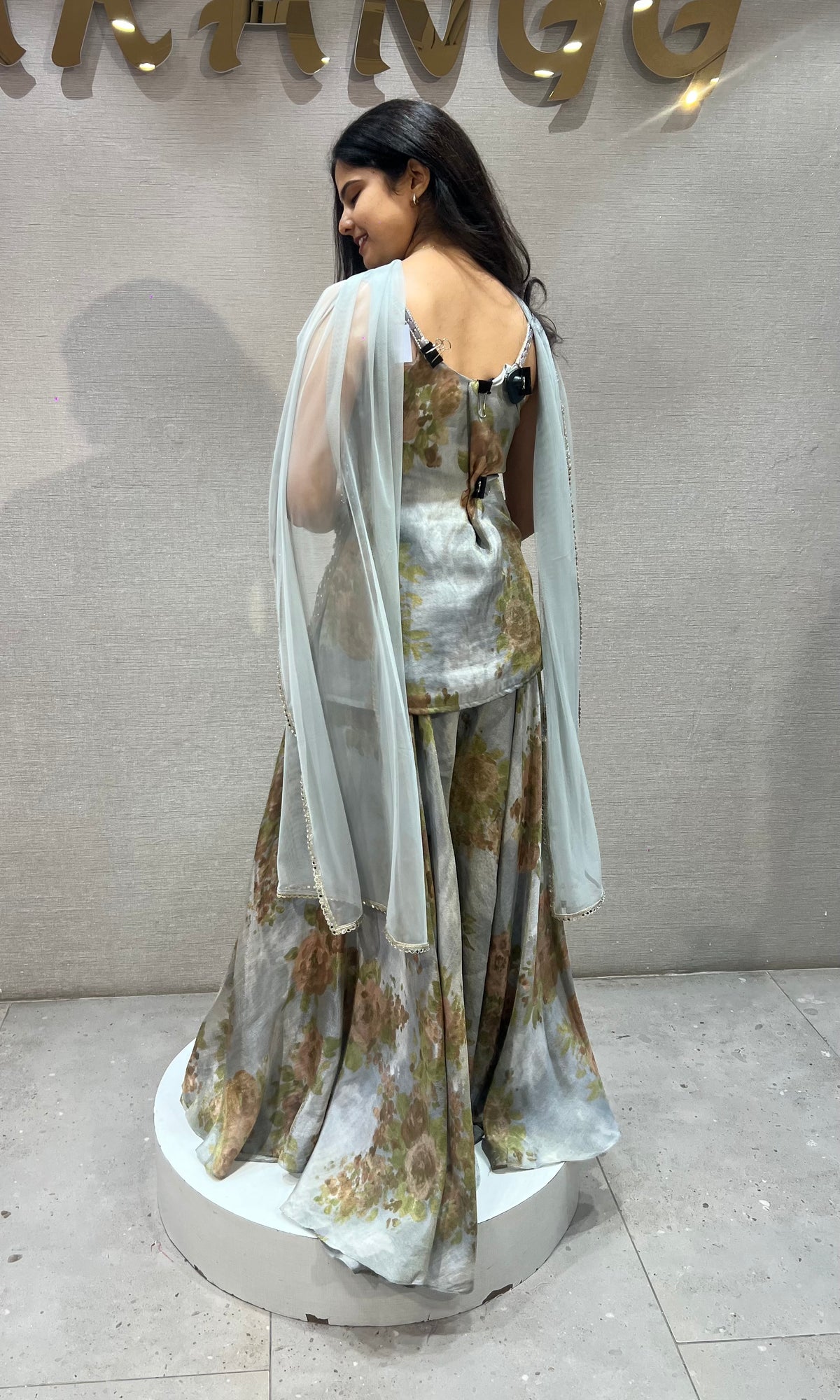 Light Blue silk Floral Printed Sharara set with Sheer Dupatta