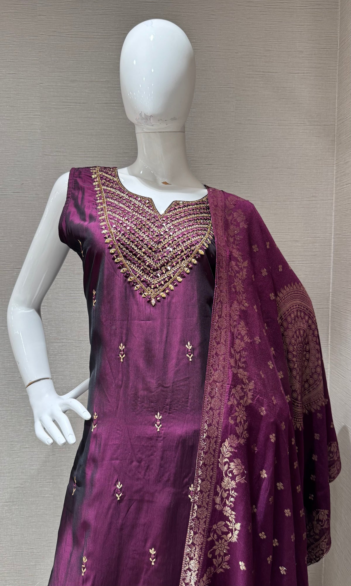 Wine Golden Silk Embroidered Kurta Set