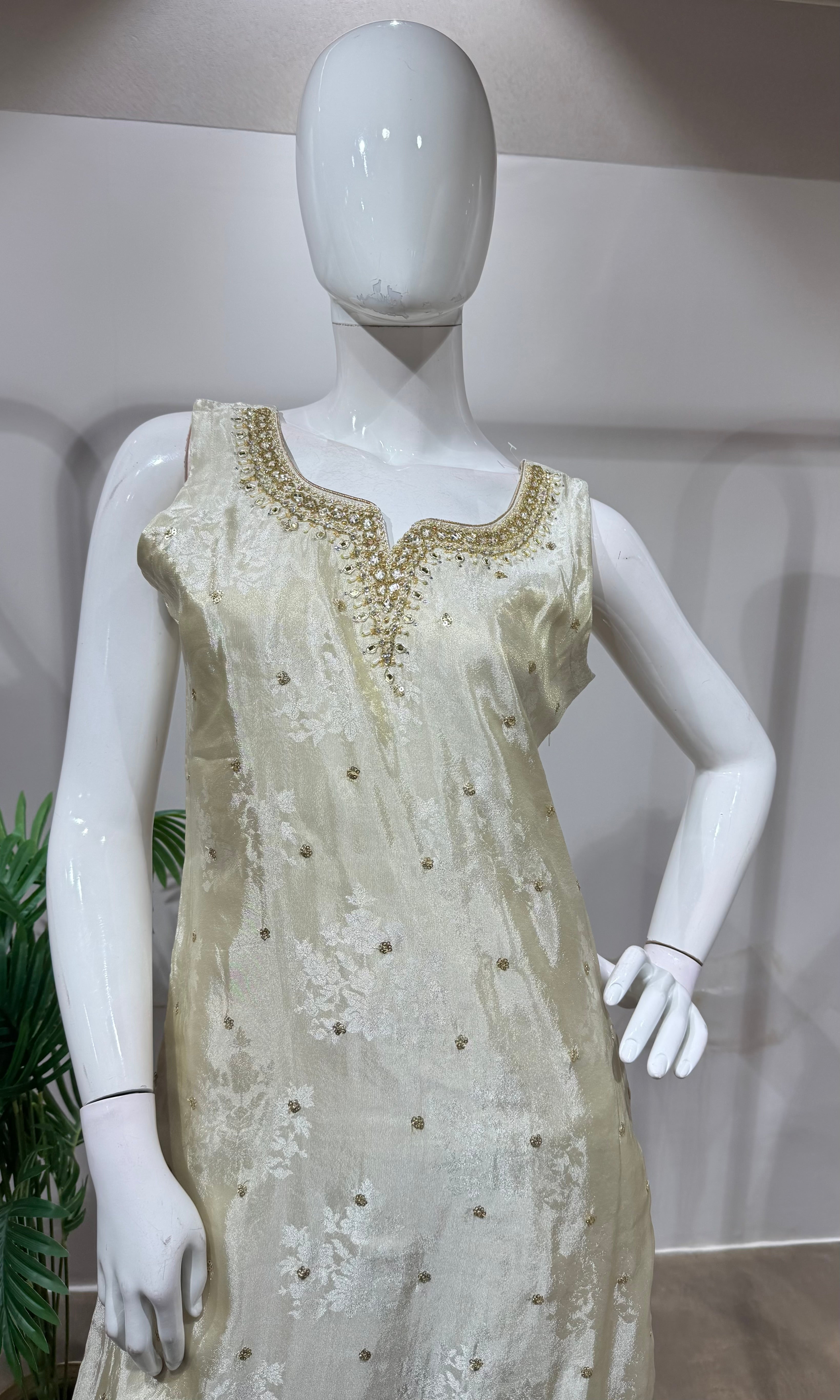 Cream & Gold Floral Embroidered Kurta with Dupatta