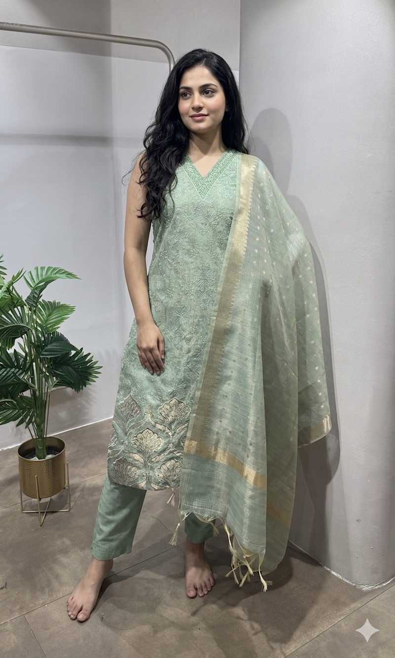 pista Green Embroidered Kurta Set