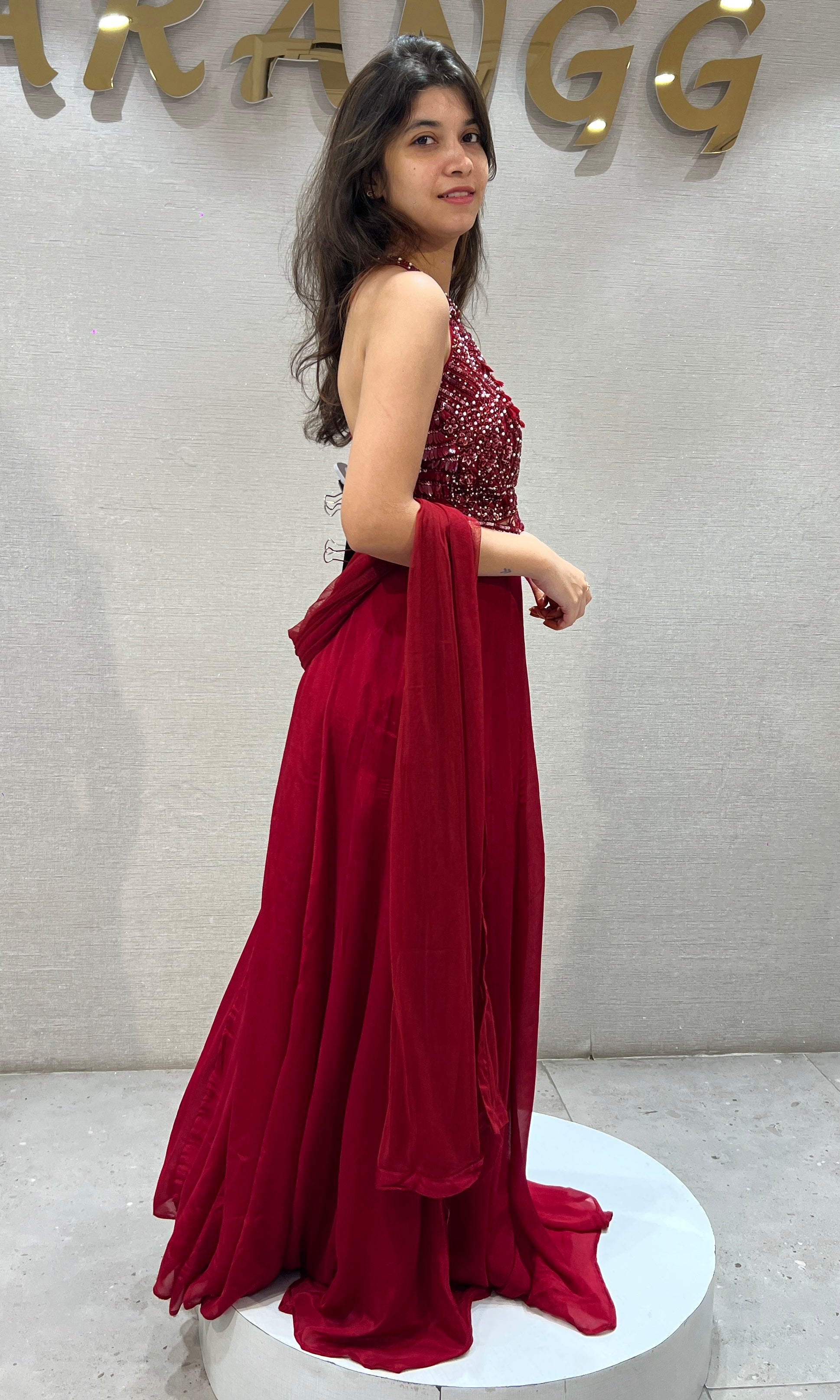 Red Halter Embellished Anarkali Frock
