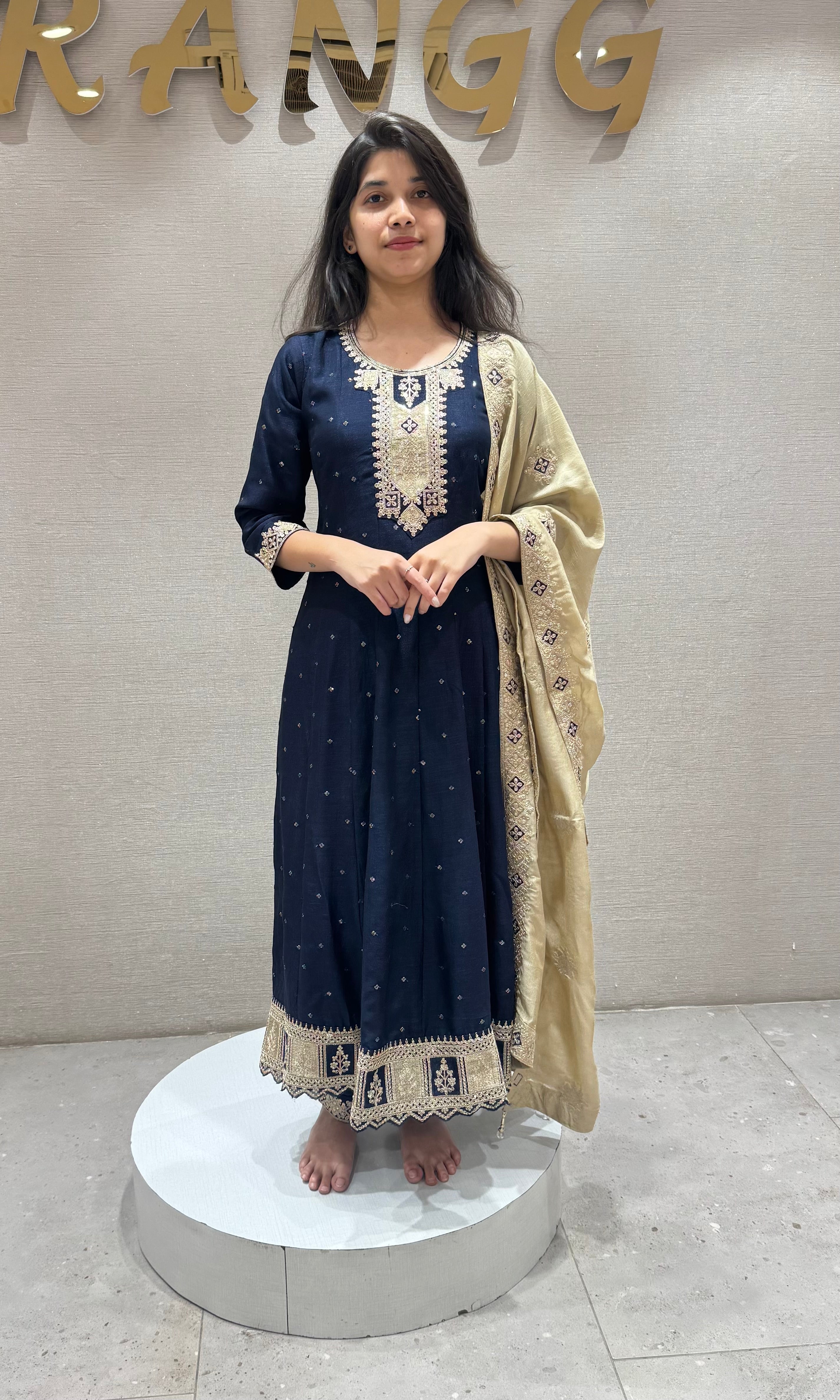 Navy blue Anarkali with contrast dupatta