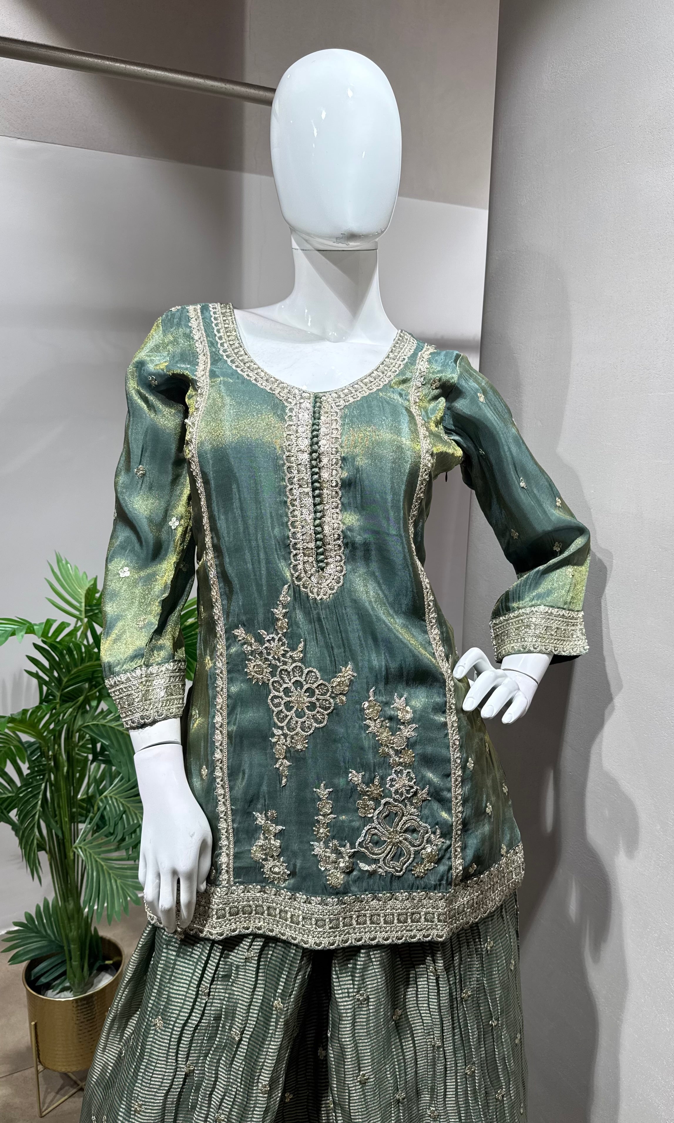 Green Embroidered Silk Sharara Set