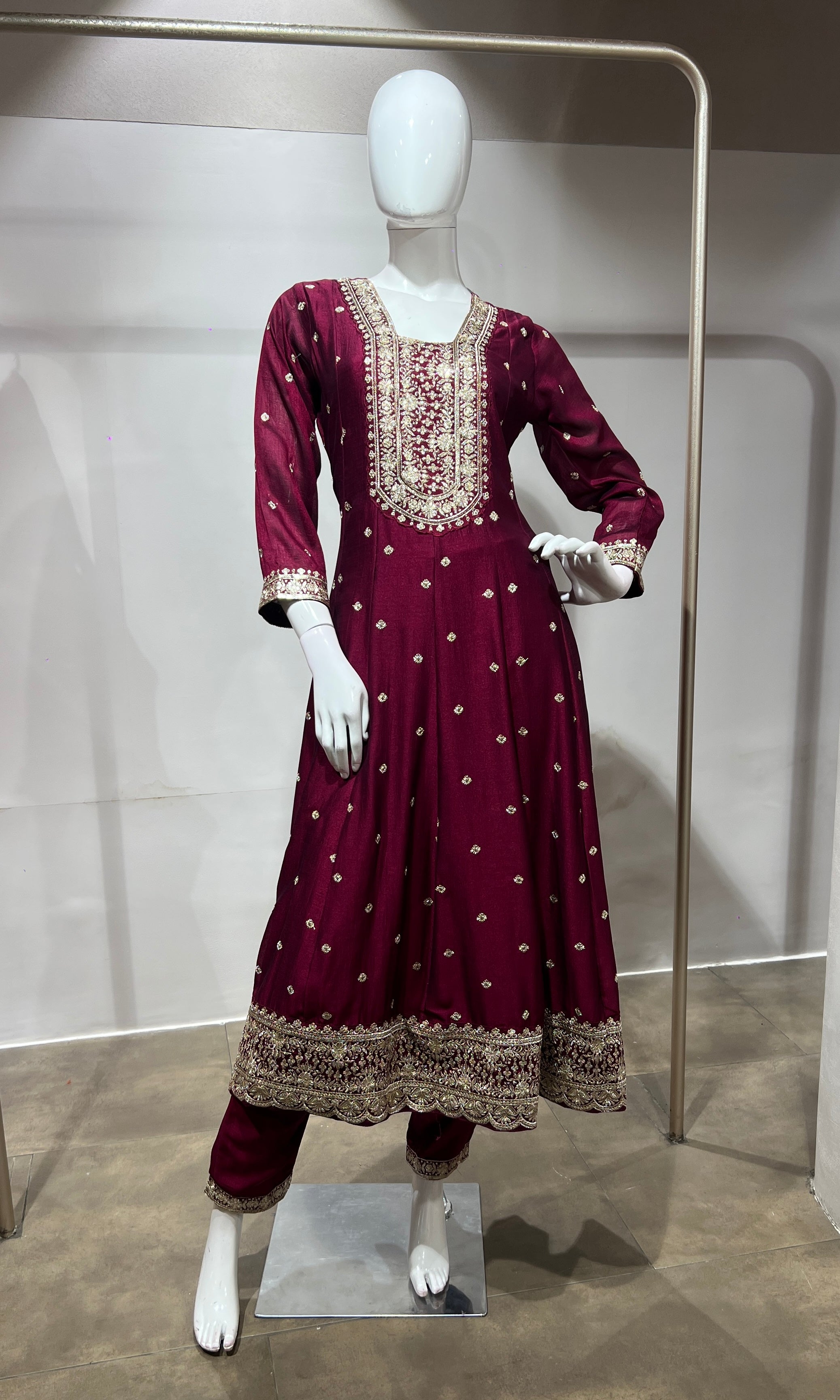 Wine gold embroidered Anarkali set