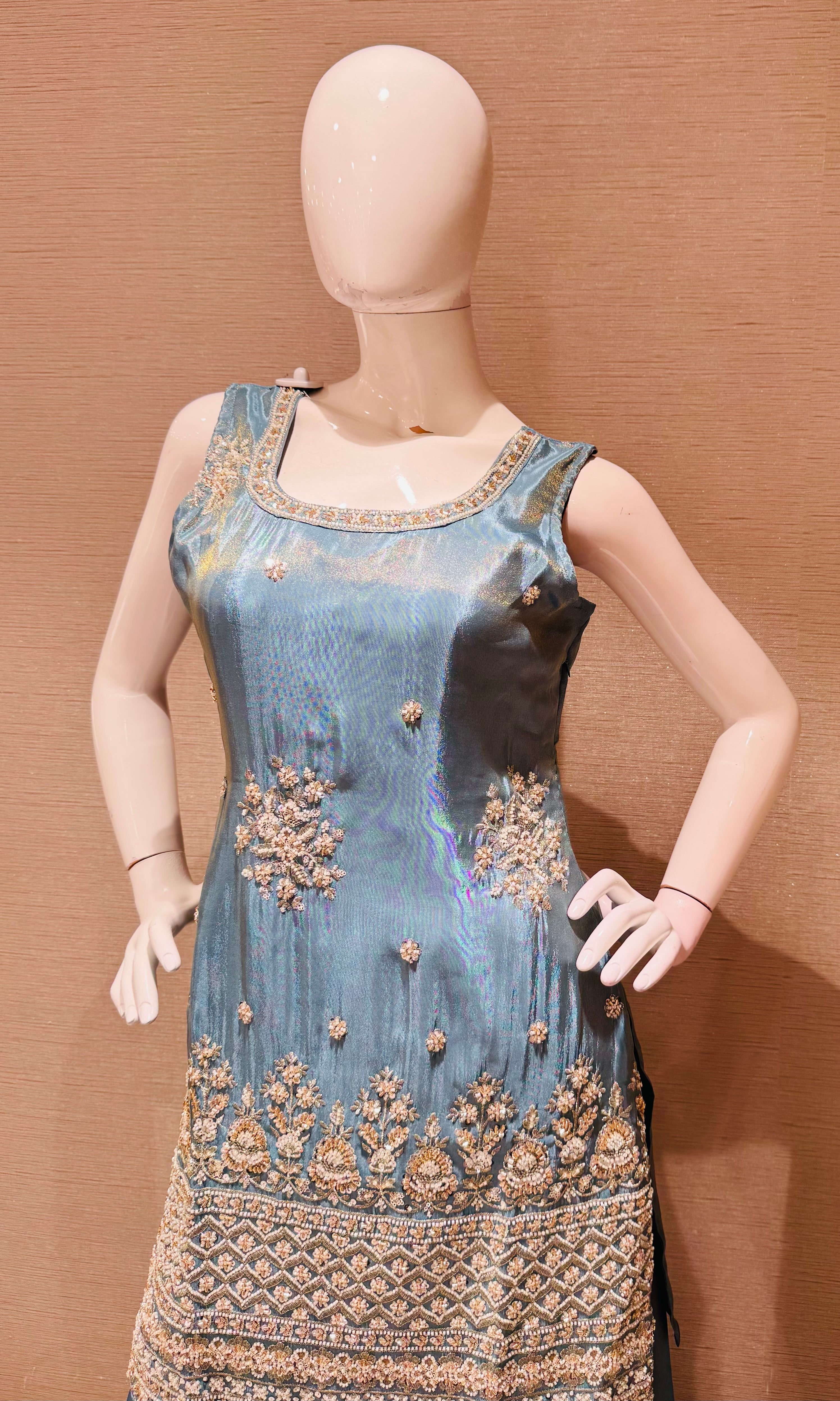 Blue shimmer tissue embroidered sharara set