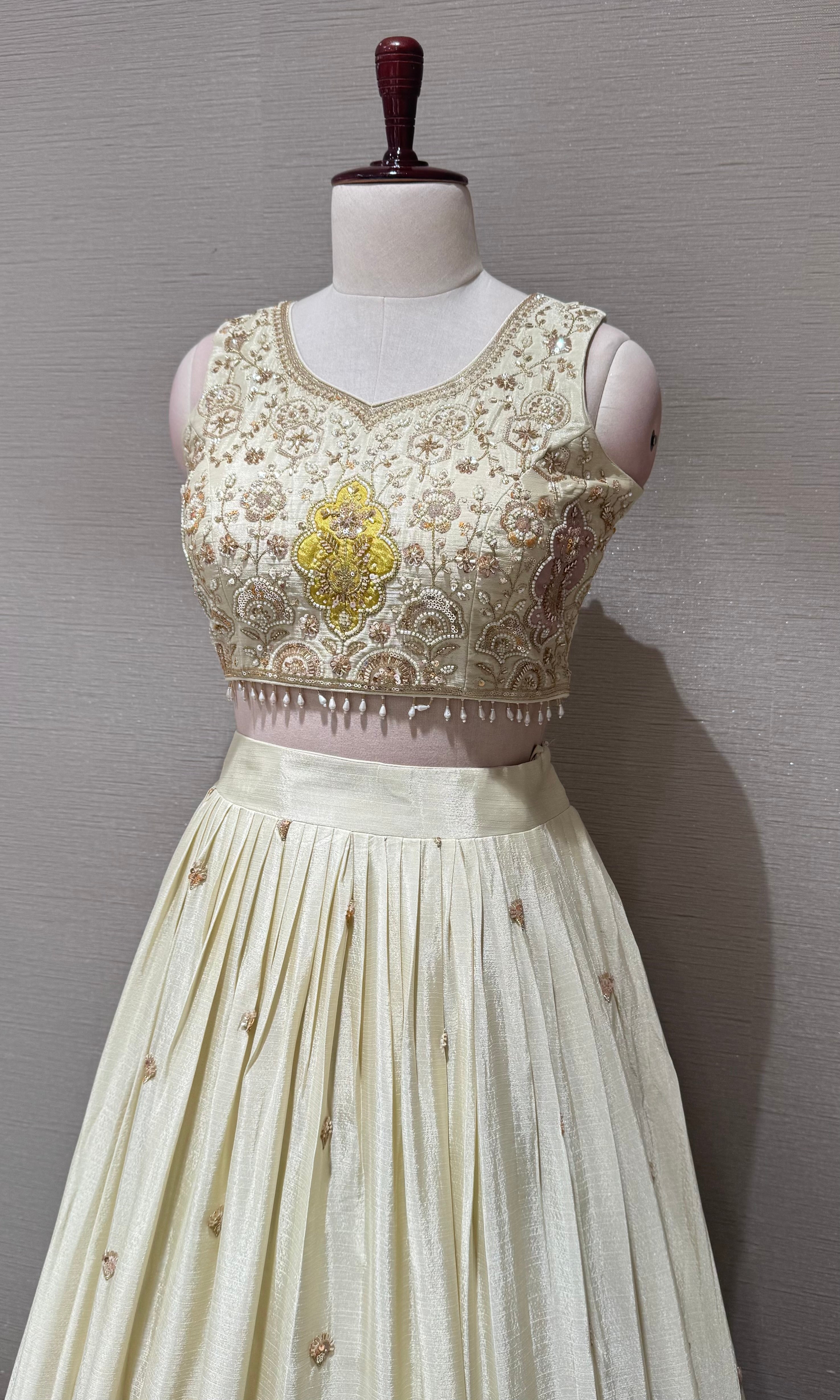 Cream Tissue silk Lehenga with Multi Floral border