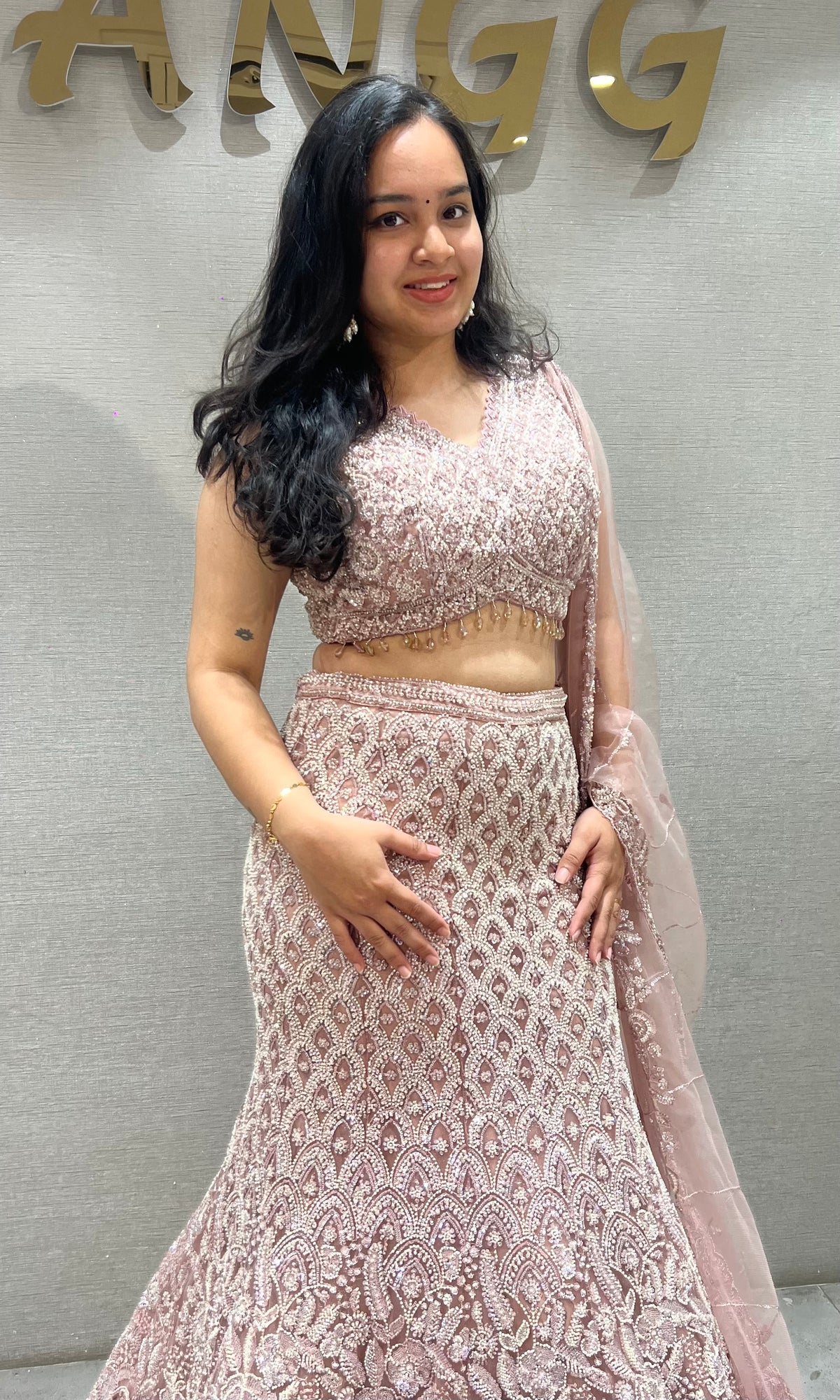Onion Pink Embroidered fish cut Lehenga with Sheer Dupatta