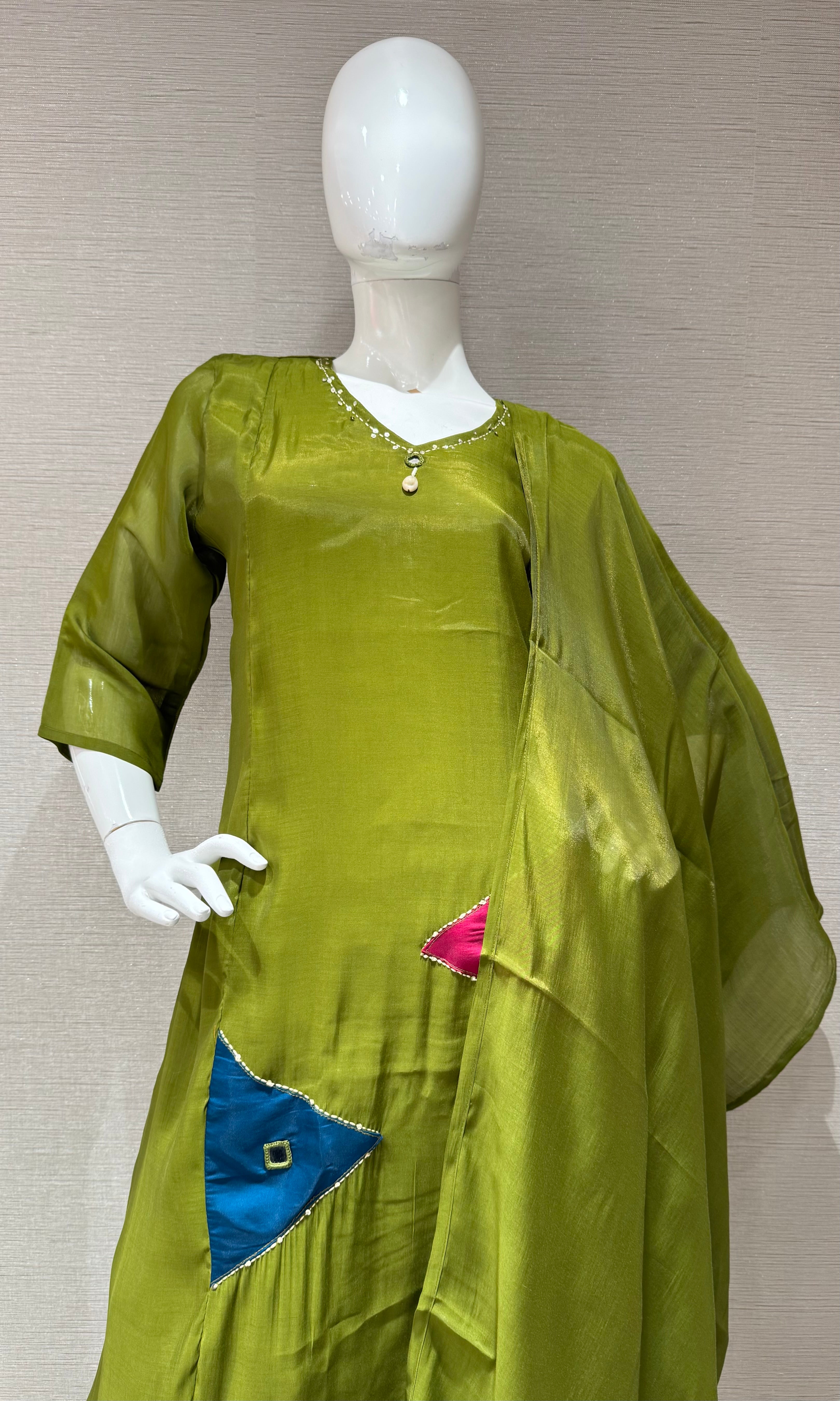 Olive Green Embroidered Kurta Set with Sheer Overlay