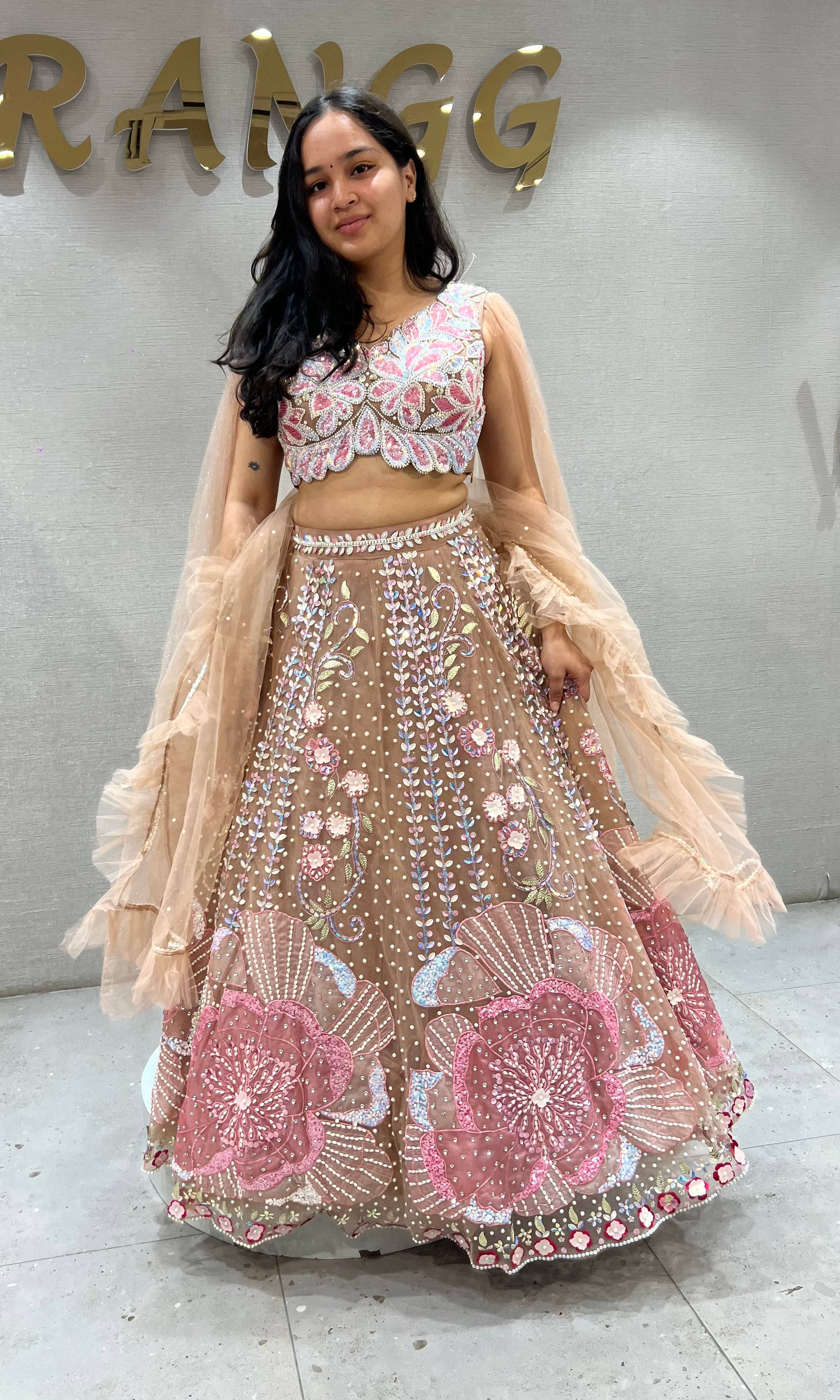 Moee Pink Floral Sequins and Beads Lehenga set