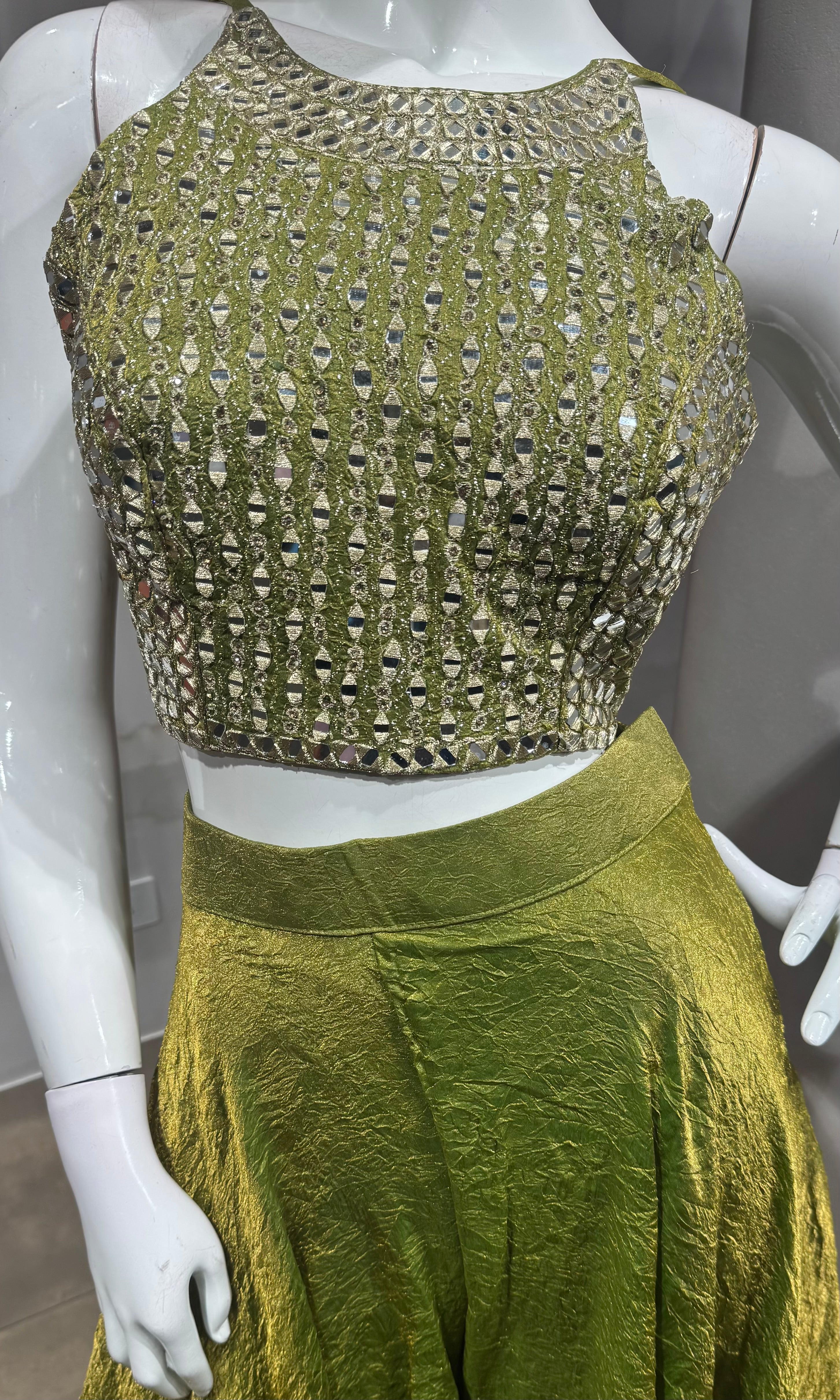 green embellished halter-neck palazzo set
