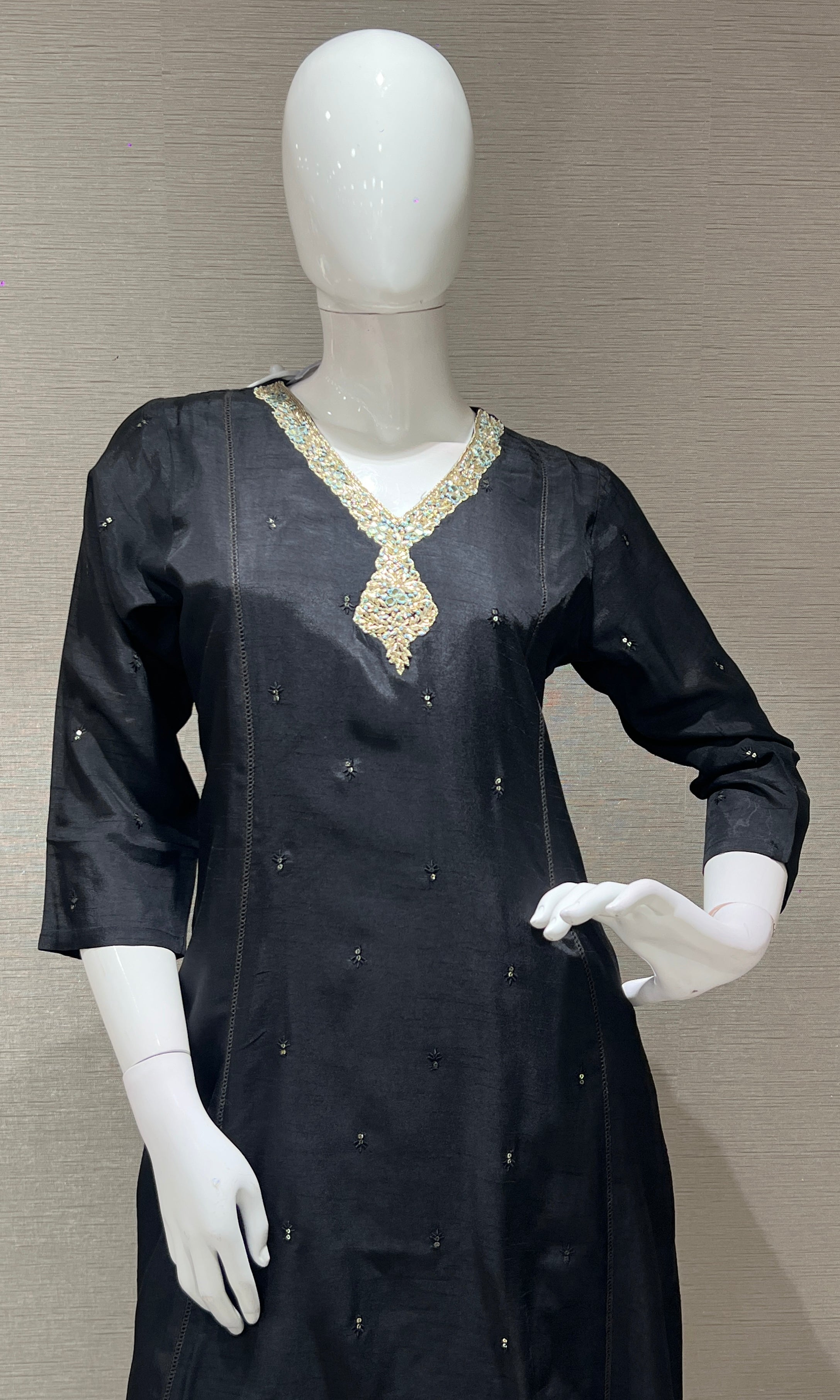 black kurta set with floral printed dupatta