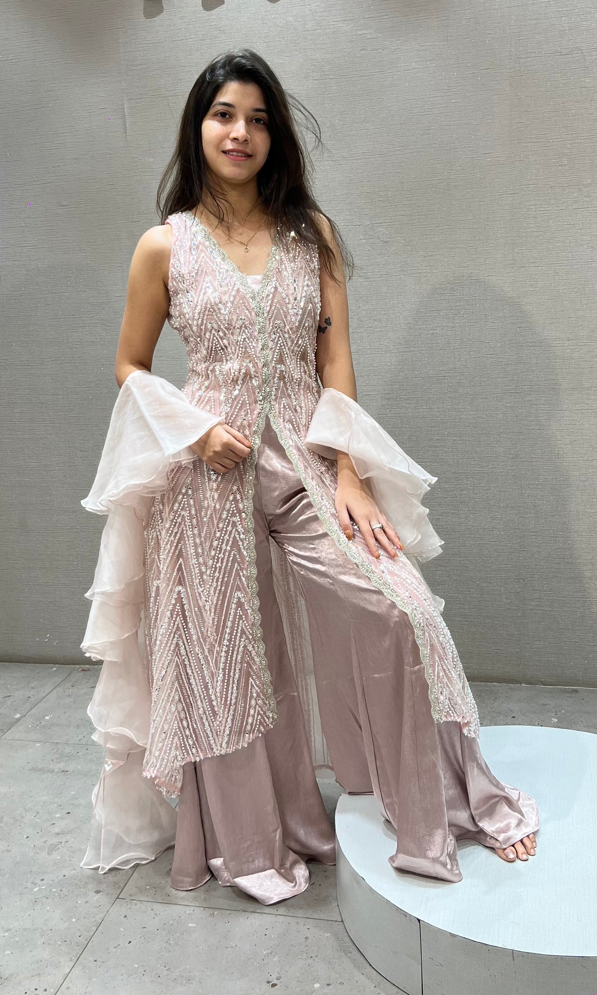 Rose Gold Sequined Peplum Palazzo Set with Organza Frill Dupatta