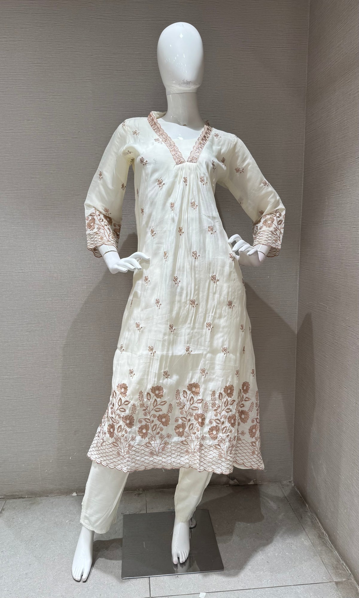 White golden floral a line kurta set with dupatta