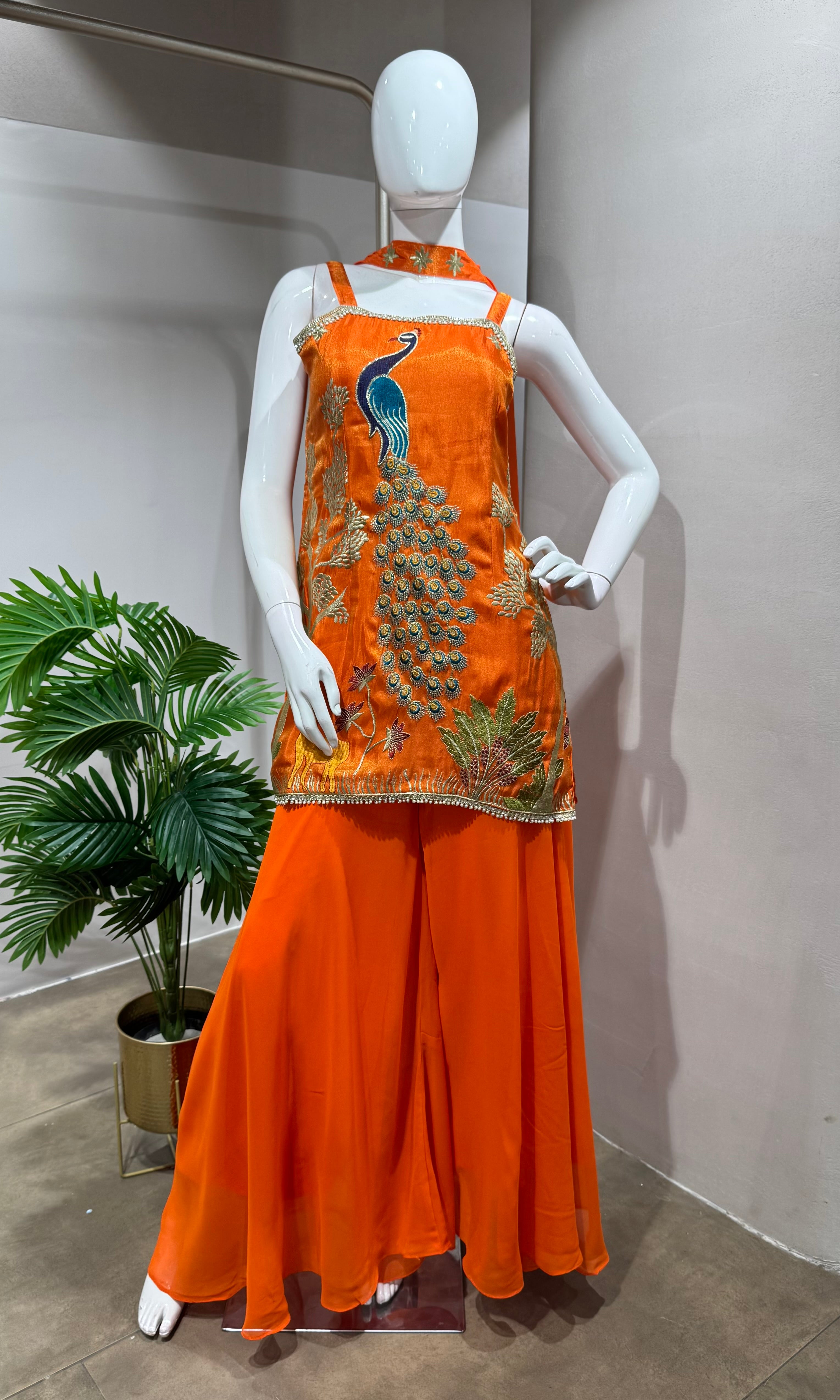 ORANGE PEACOCK EMBROIDERY SHARARA SET