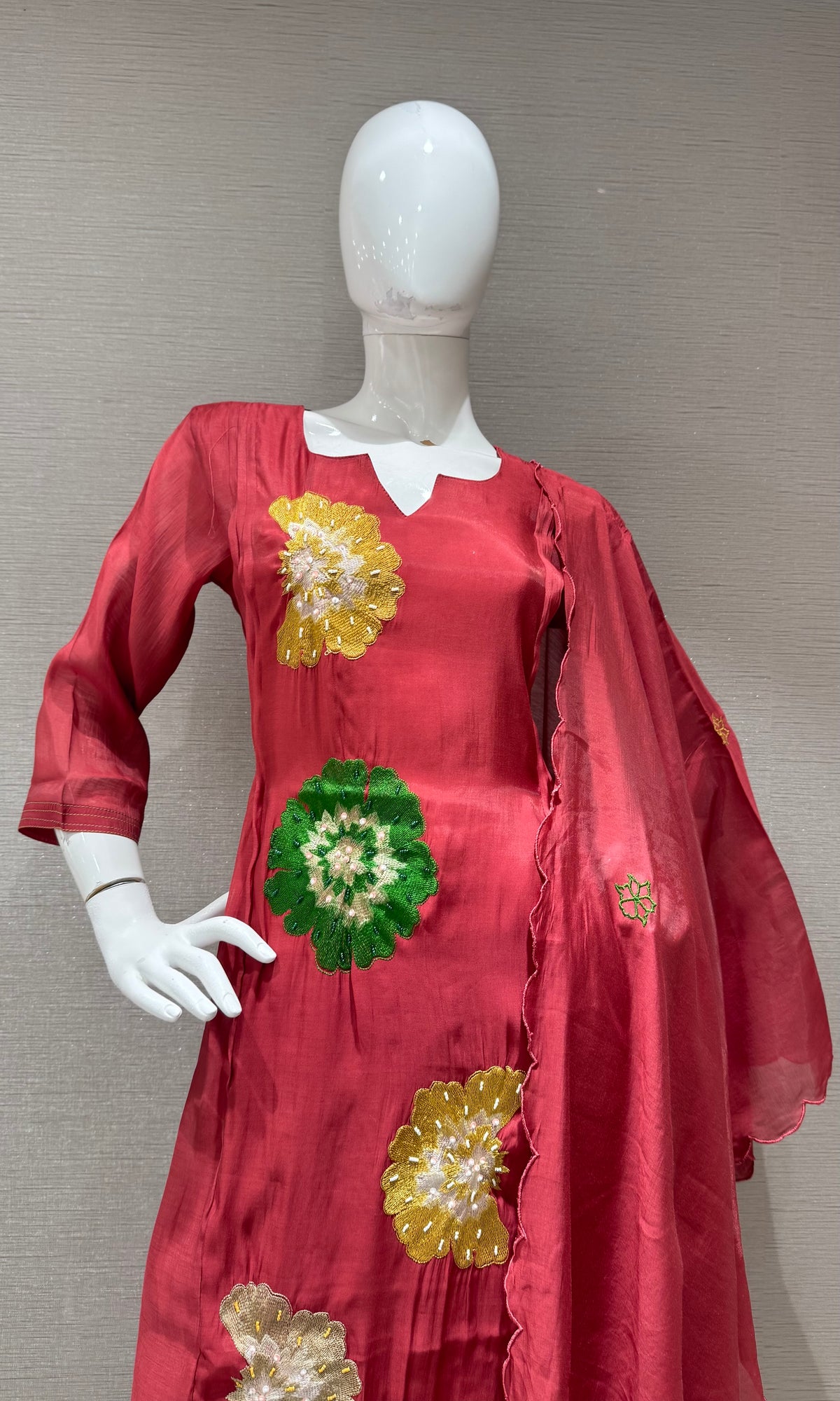 Maroon cotton silk Floral Motif Kurta set with dupatta