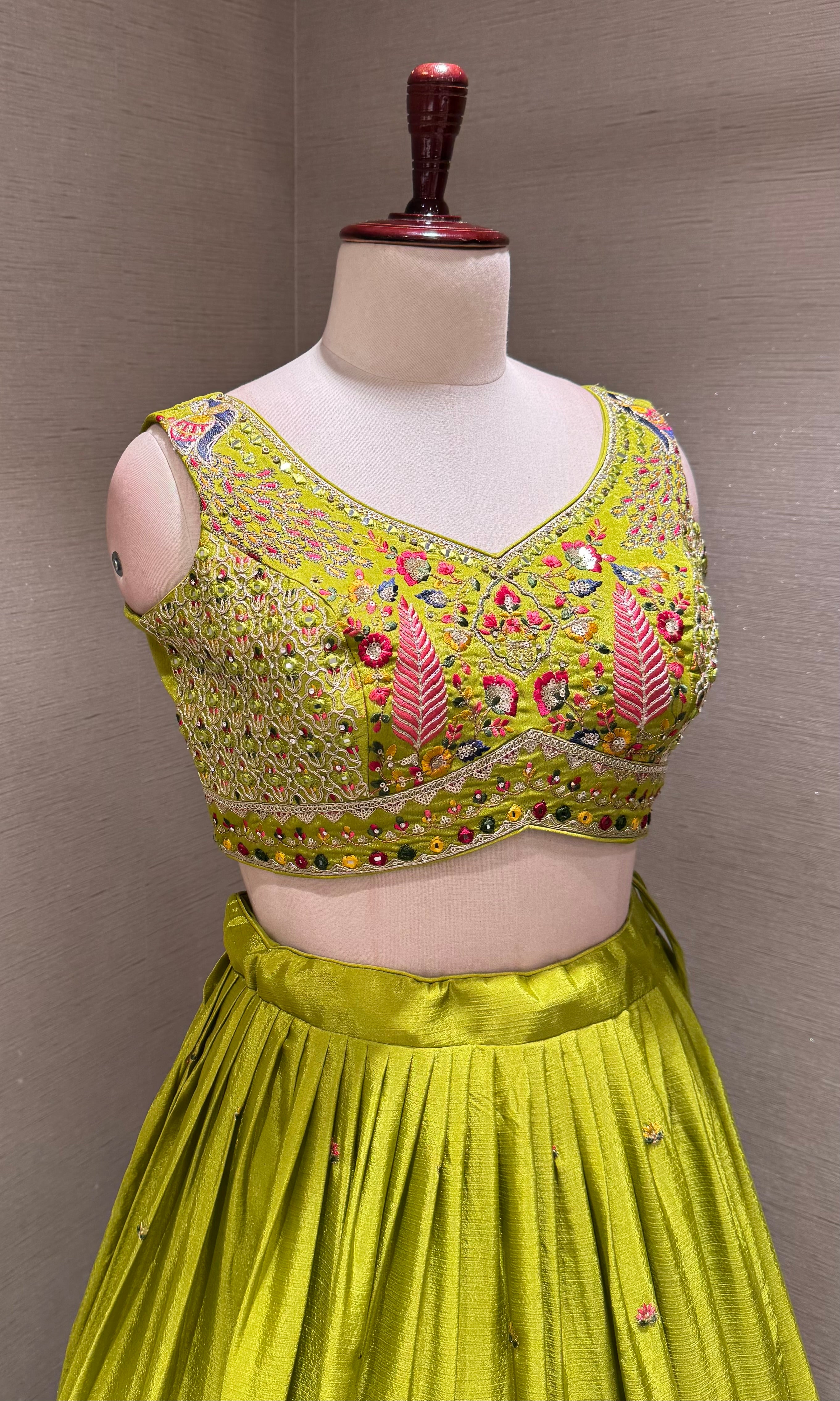 Lime Green Lehenga Choli Set with Pink Accents
