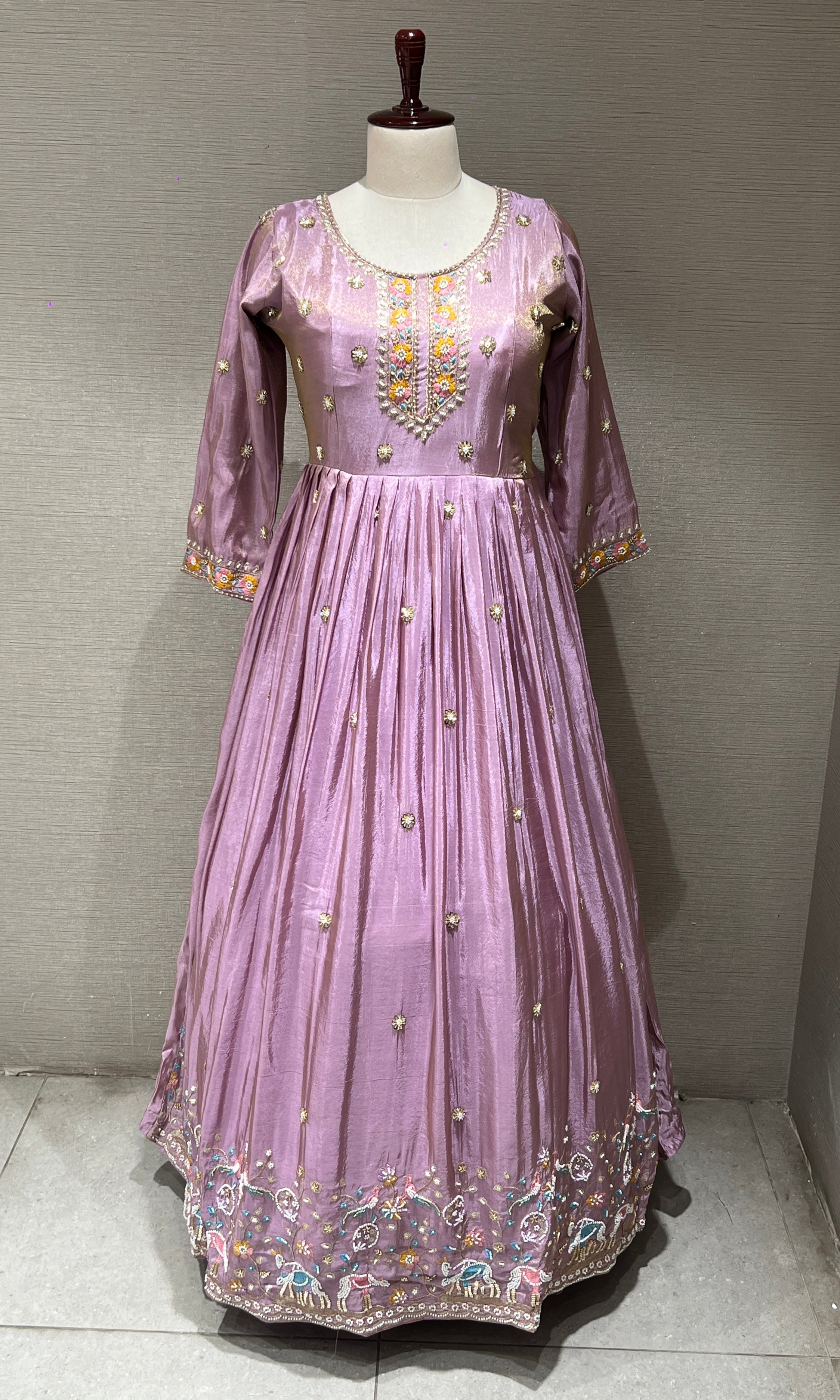 Lilac Anarkali Long Gown with Floral Embroidery and Dupatta