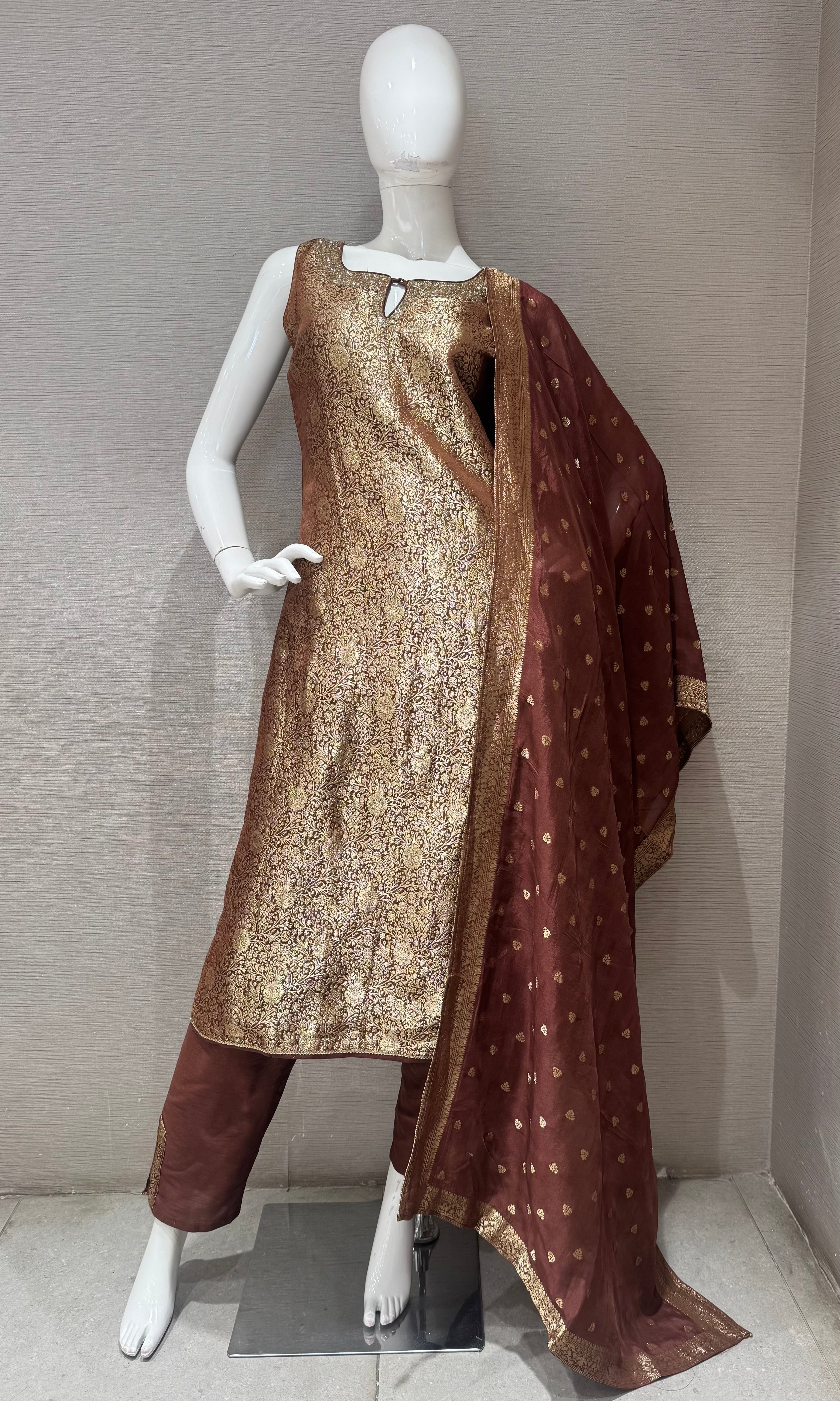 Brown Banarasi ethnic kurta set
