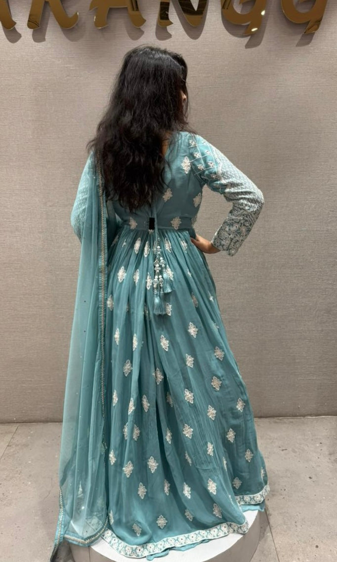Azure Mist Chikankari Anarkali kurta Set