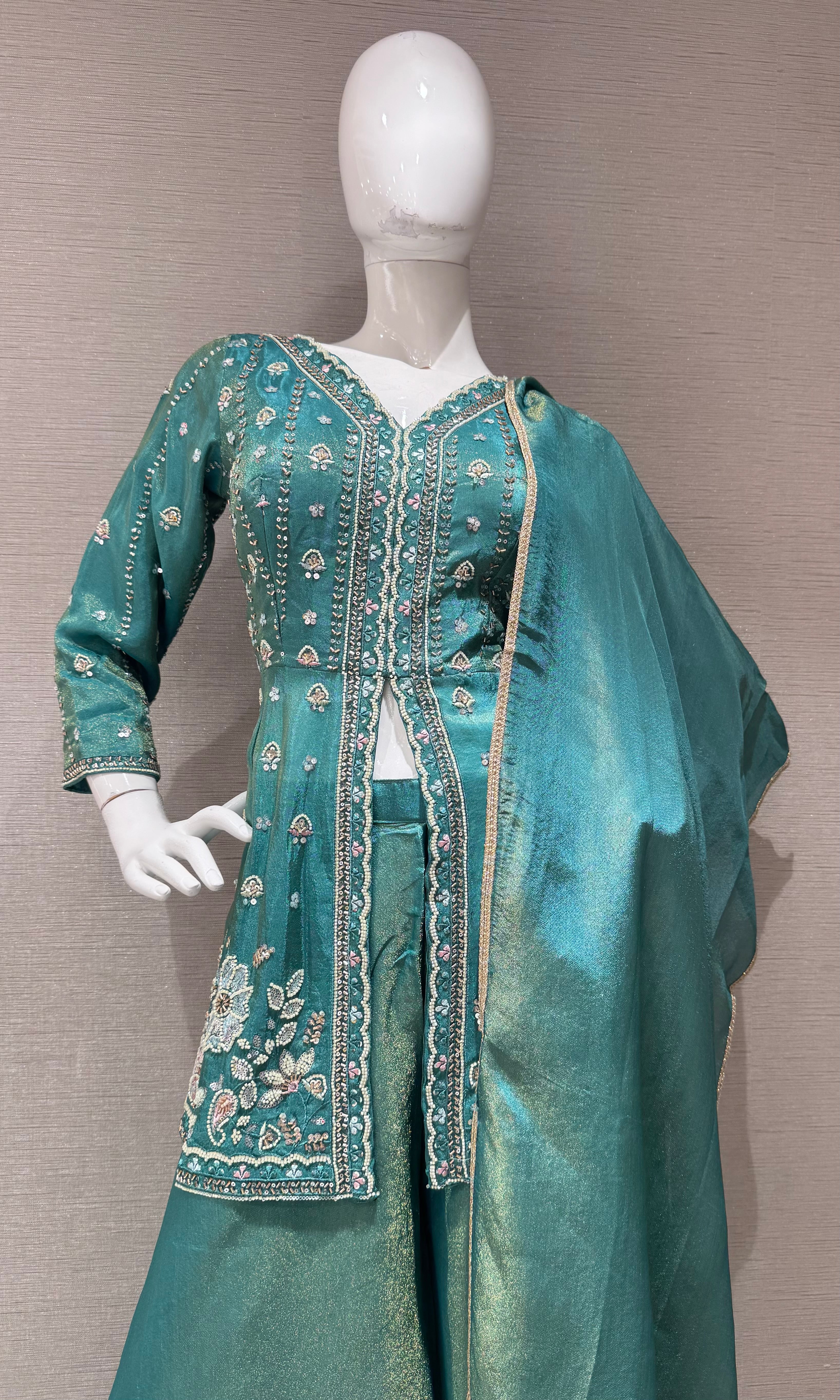 Sea green front slit embroidered peplum palazzo set