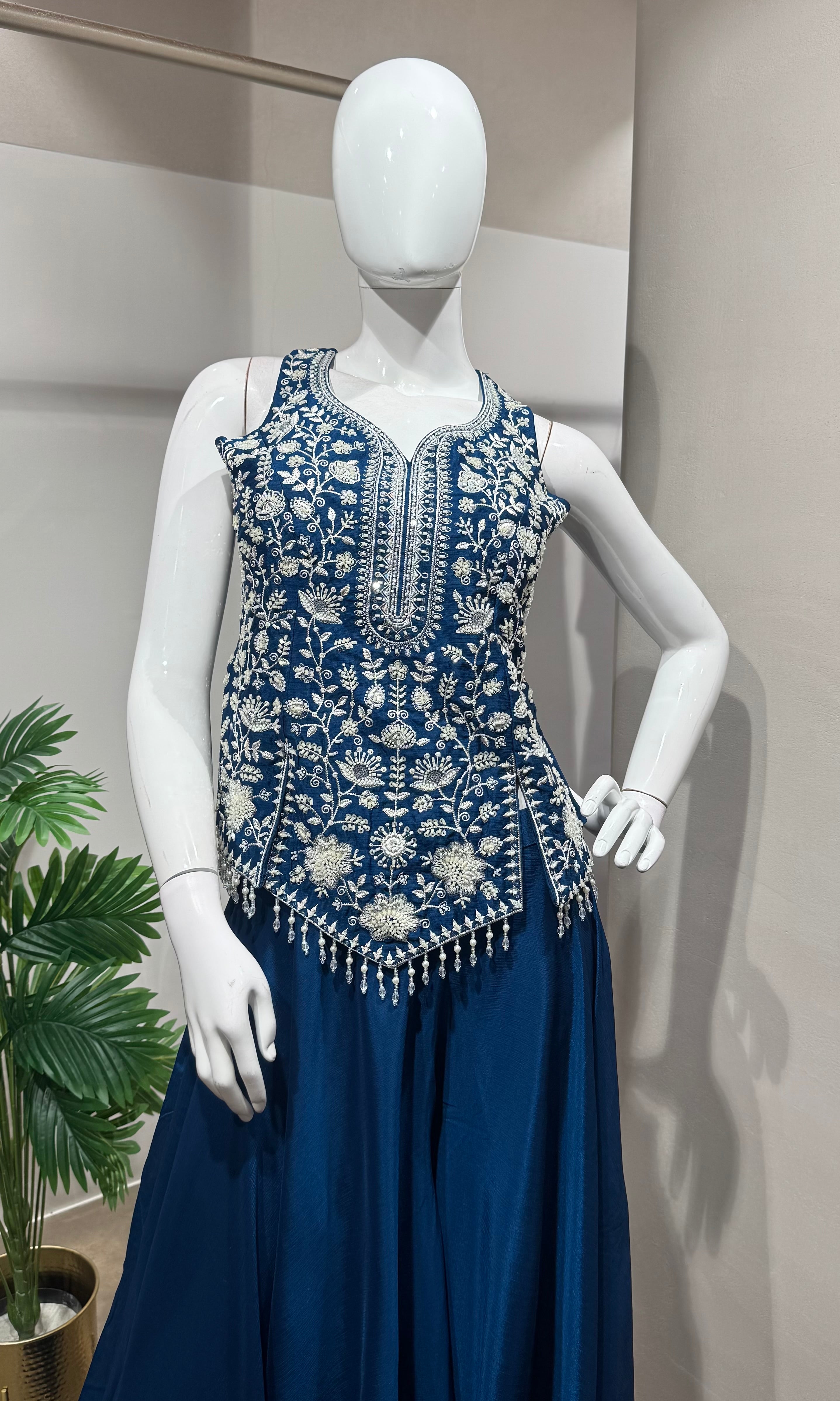 Blue Embroidered Peplum & Palazzo Set
