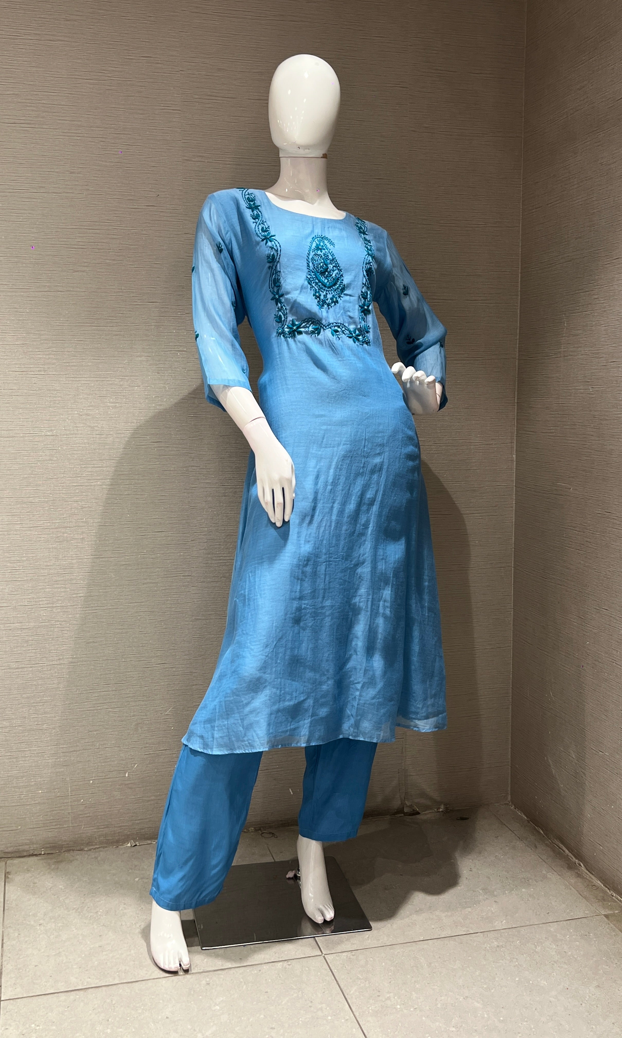Sea Blue MUL CHANDERI kurta set